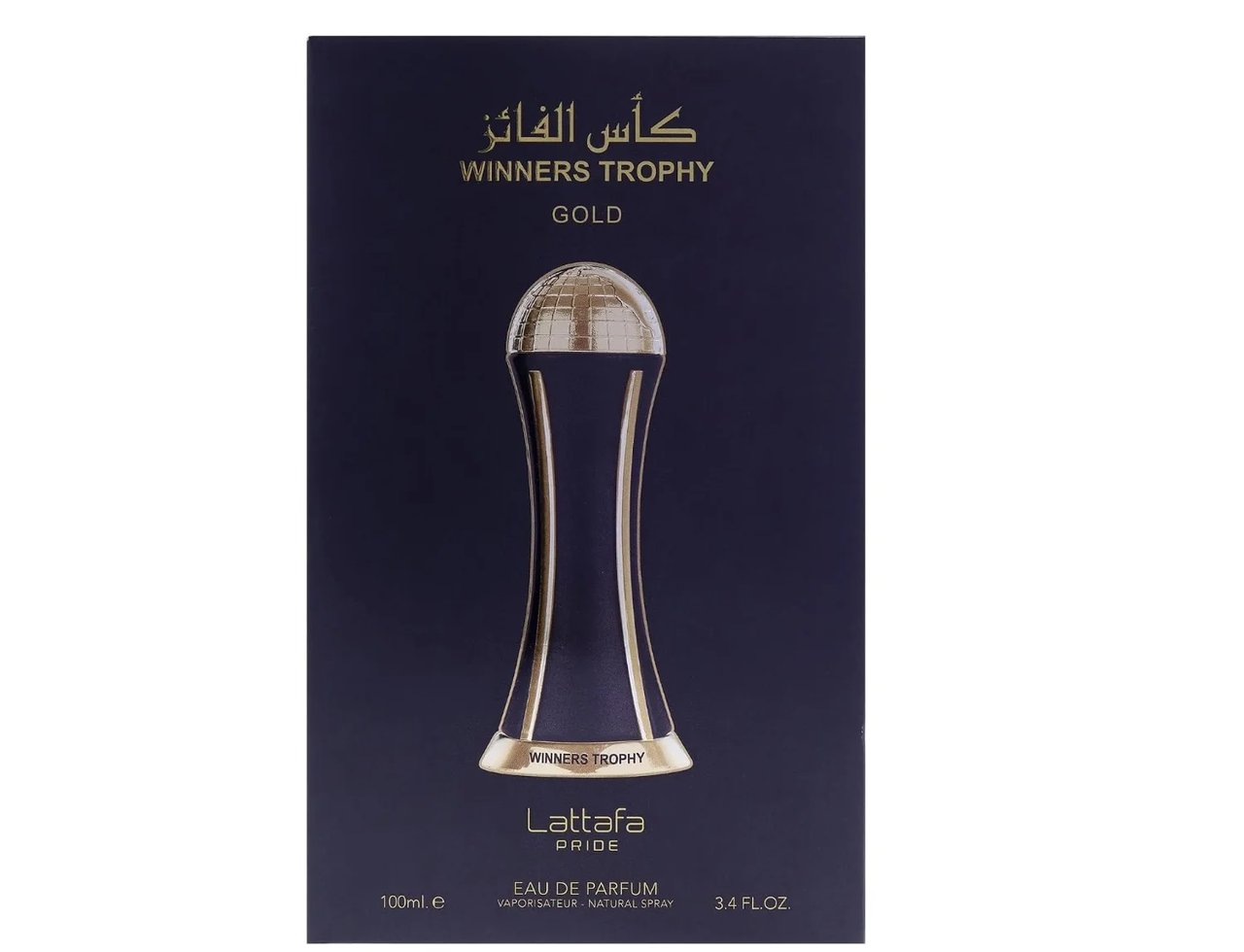 Lattafa Pride Al Khas Winners Trophy Gold 100ml — A dark blue box with gold text and an illustration of a gold trophy-shaped perfume bottle. | Lattafa Pride Al Khas Winners Trophy Gold 100ml — Kotak biru gelap dengan teks emas dan ilustrasi botol minyak wangi berbentuk trofi emas.