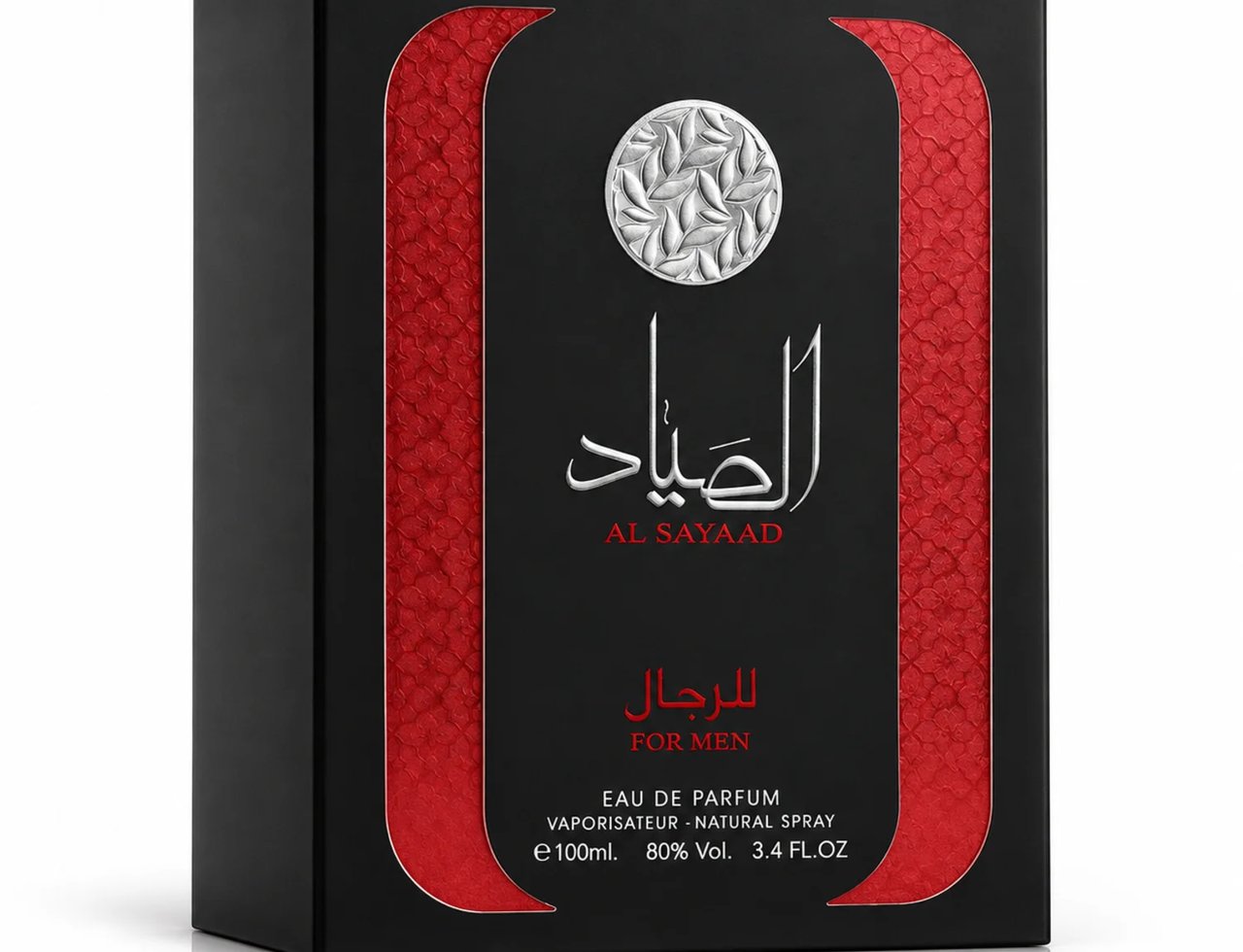 Ard Al Zaafaran Al Sayaad Lelaki EDP — Kotak minyak wangi hitam dengan panel sisi bertekstur merah dan kaligrafi Arab serta lambang perak.