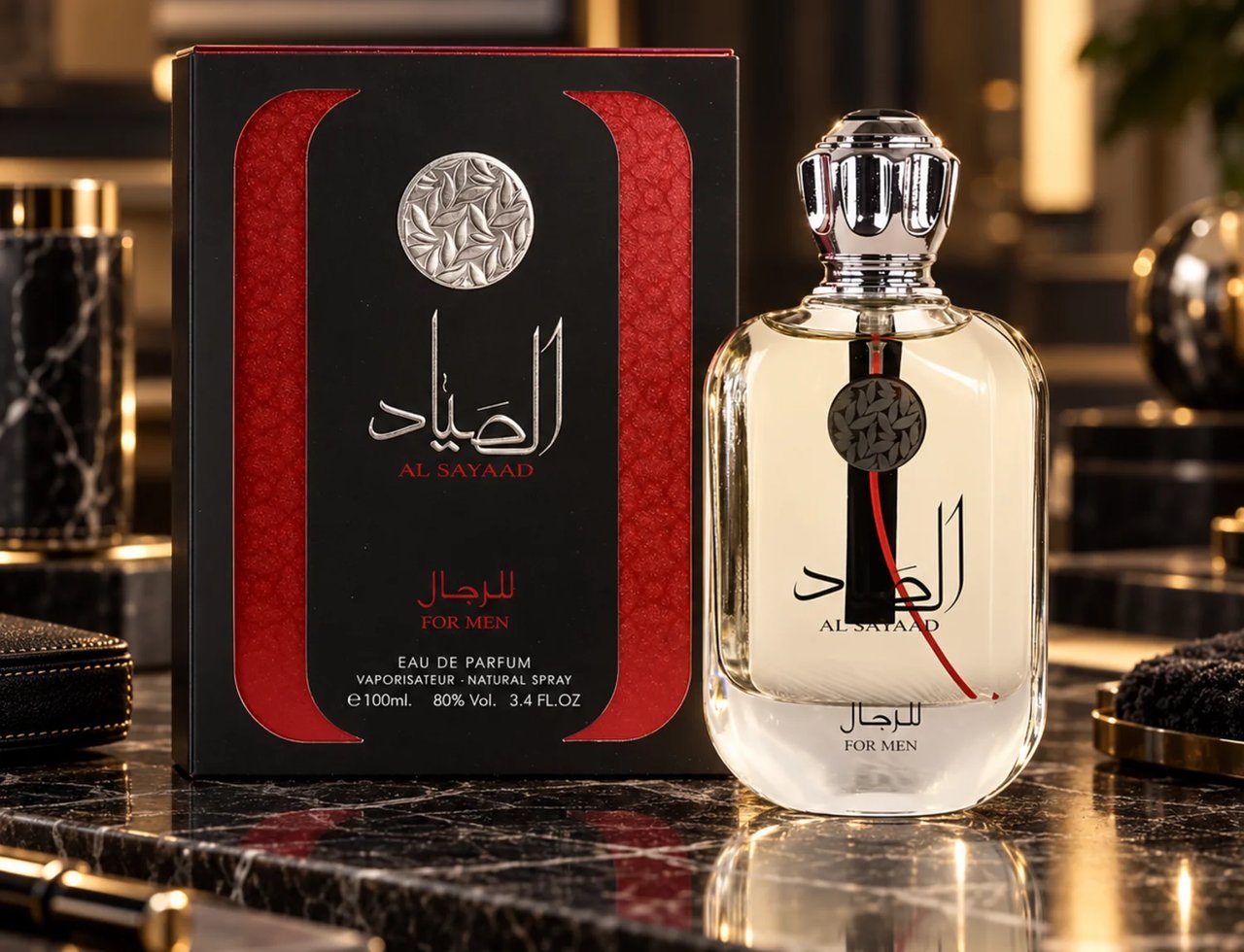 Ard Al Zaafaran Al Sayaad For Men Ard Al Zaafaran 100ml EDP — Black and red box with Arabic calligraphy and silver emblem next to a clear glass perfume bottle with silver cap, on a marble surface.
