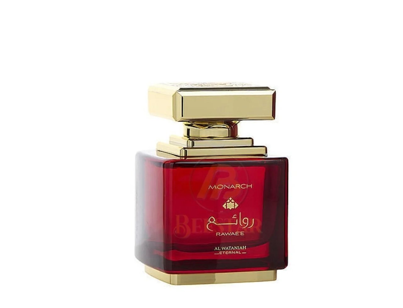 Al Wataniah Rawaee Monarch Eau De Parfum — Botol kaca merah pekat dengan penutup dan tapak emas berkilat, logo Monarch dan tulisan Arab kelihatan jelas