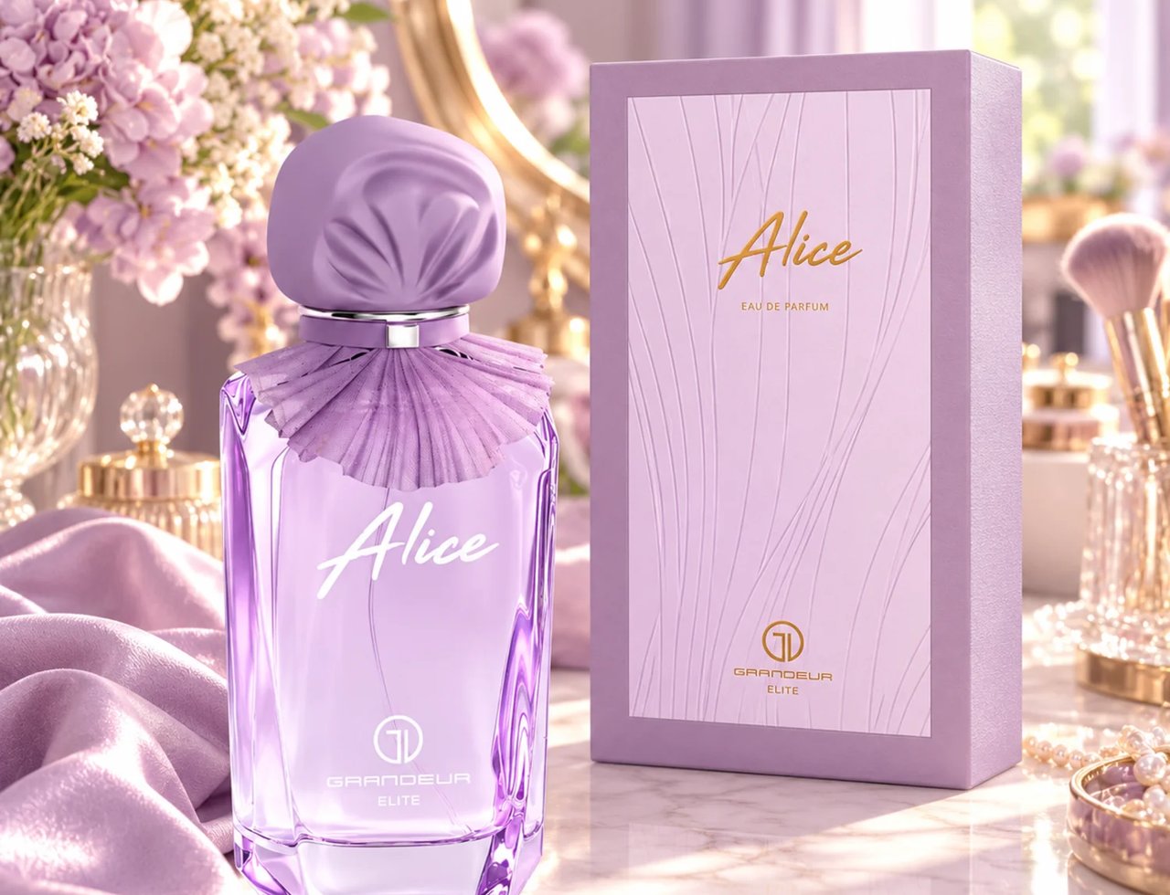 Grandeur Alice by Grandeur 100ml EDP Women — Botol minyak wangi kaca ungu berkerah kerinting dan penutup bunga, bersebelahan kotak sepadan, di atas permukaan marmar bersama fabrik sutera dan bunga.