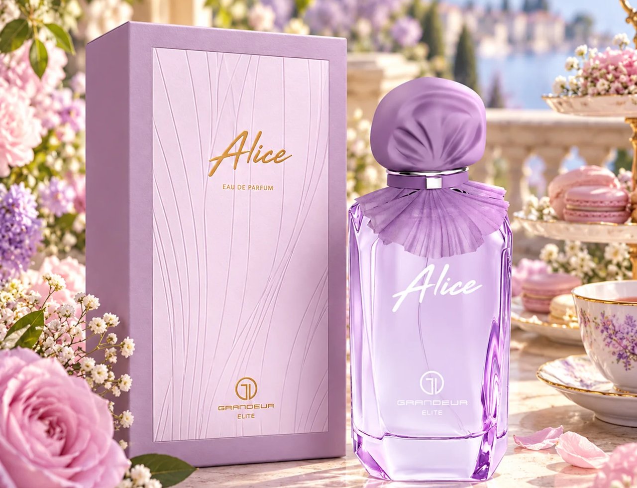 Grandeur Alice by Grandeur 100ml EDP Women — Purple box and glass perfume bottle with floral and macaron decorations on a marble surface with a scenic background.