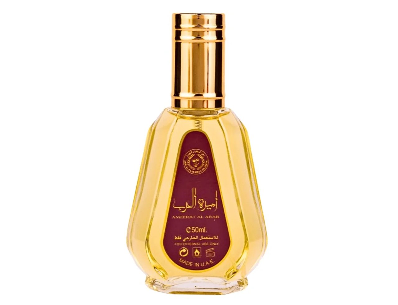 Ard Al Zaafaran Ameerat Al Arab Princess of Arabia 50ml — Botol kaca emas berbentuk unik dengan penutup emas berkilat. Label berwarna merah tua dengan tulisan emas.