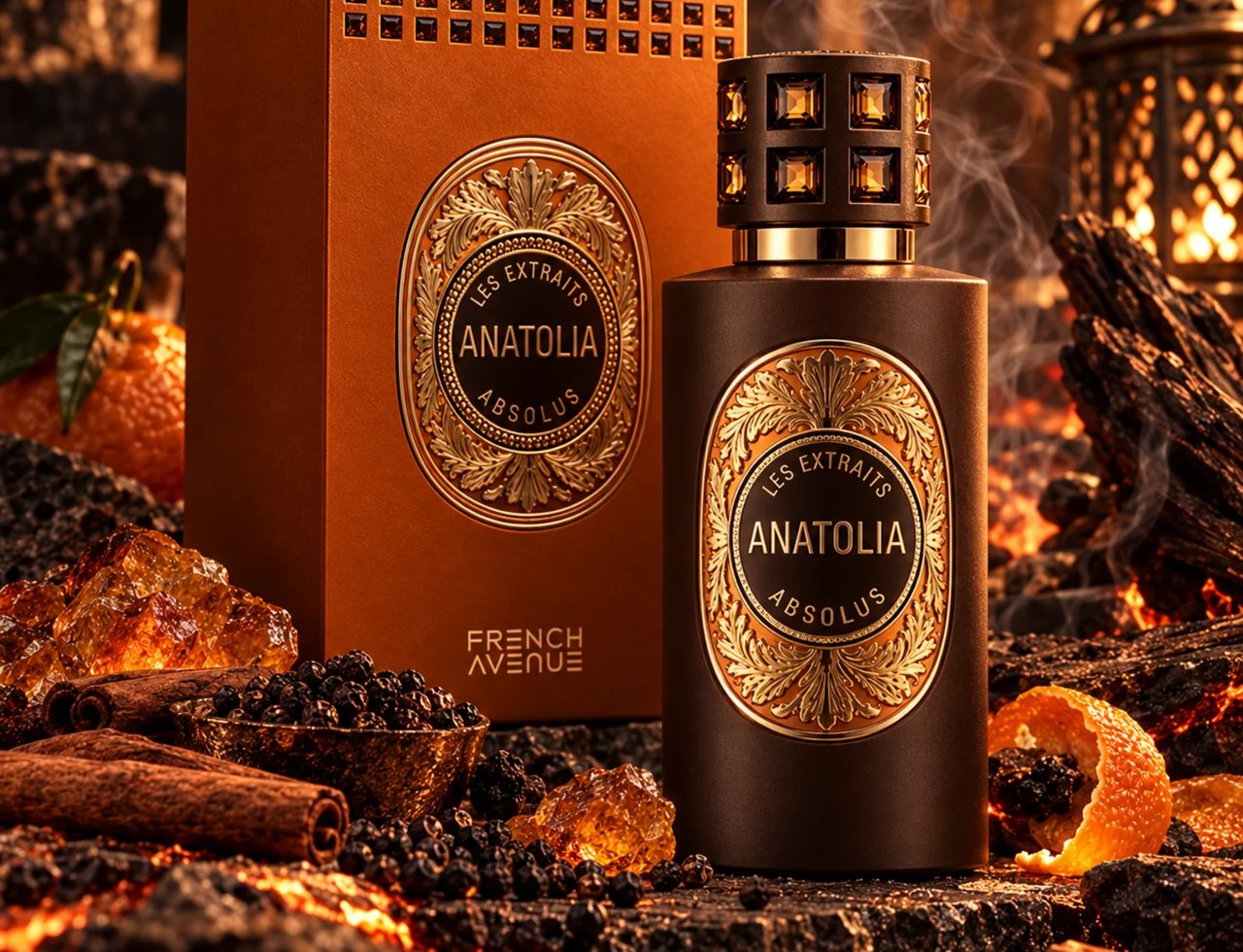 French Avenue Anatolia Absolus Les Extraits — Botol minyak wangi coklat dan kotak oren dengan aksen emas, dikelilingi kayu manis, lada hitam, kristal amber, dan kulit oren, dengan latar belakang hangat berasap.