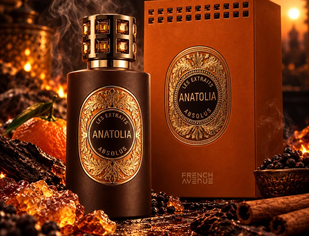 French Avenue Anatolia Absolus Les Extraits by French Avenue Unisex — Dark brown perfume bottle with ornate gold label, next to its matching orange box. Surrounded by amber crystals, cinnamon sticks, and peppercorns, with smoke rising.