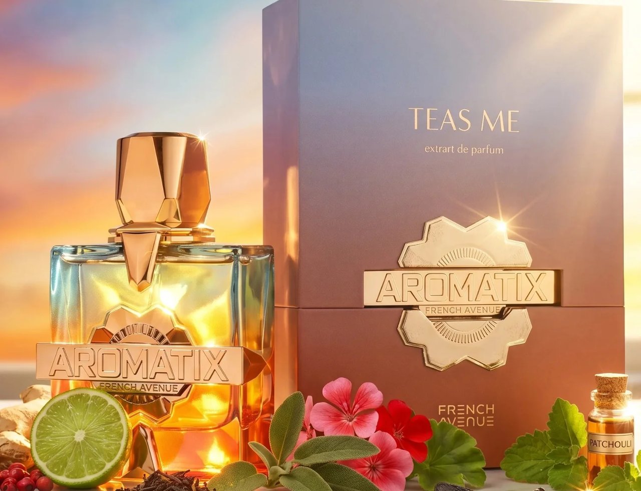 French Avenue Aromatix Teas Me — Botol minyak wangi kaca jernih bertutup emas geometri dan label emas, bersebelahan kotak gradiennya. Dikelilingi bahan seperti limau, daun teh, buah pelaga, vanila, dan minyak nilam.