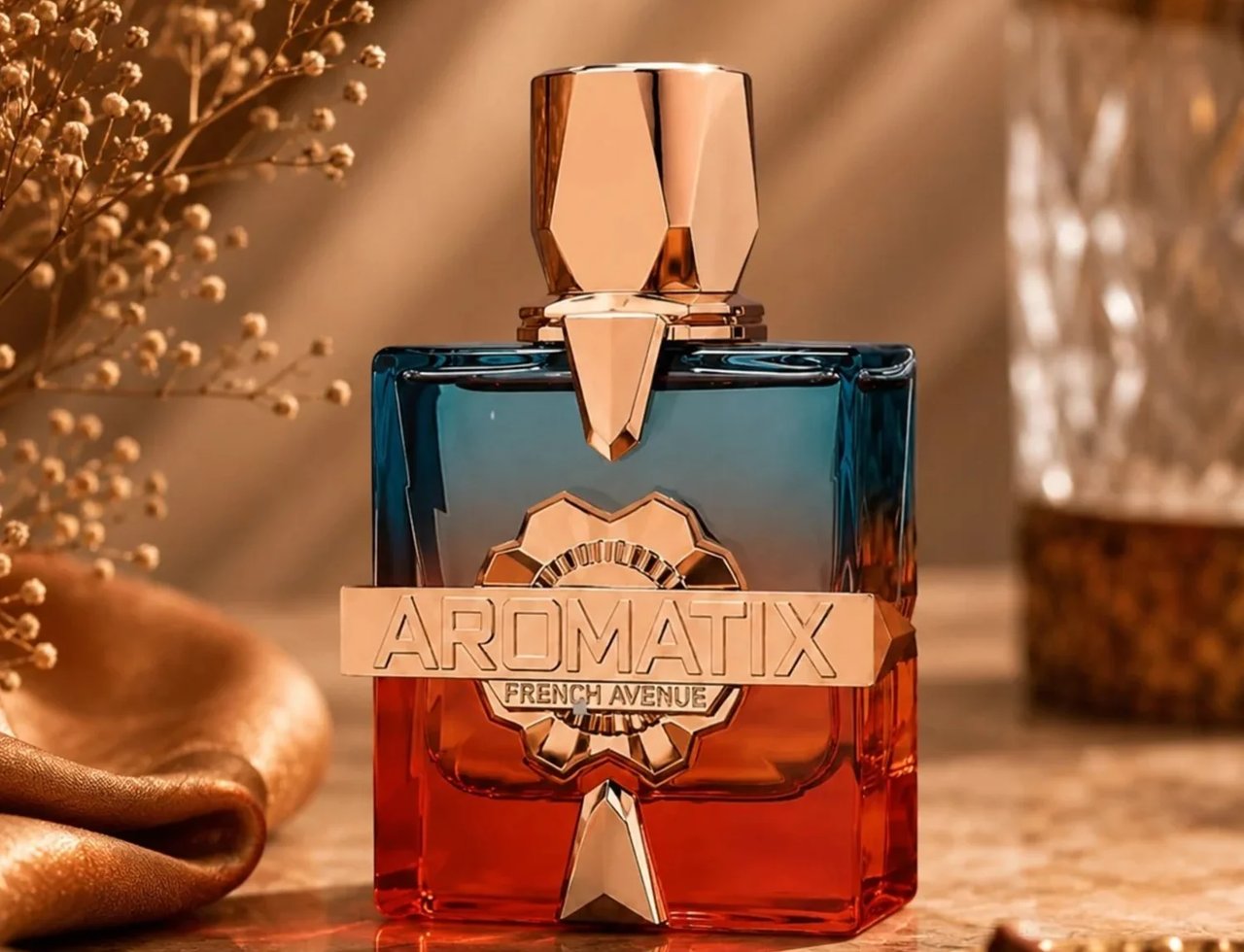 French Avenue Aromatix Teas Me 100ml — A gradient glass perfume bottle with blue and red hues, featuring a gold cap and a gold band with the "AROMATIX FRENCH AVENUE" logo, set against a soft, warm background with dried flowers and a silk cloth.