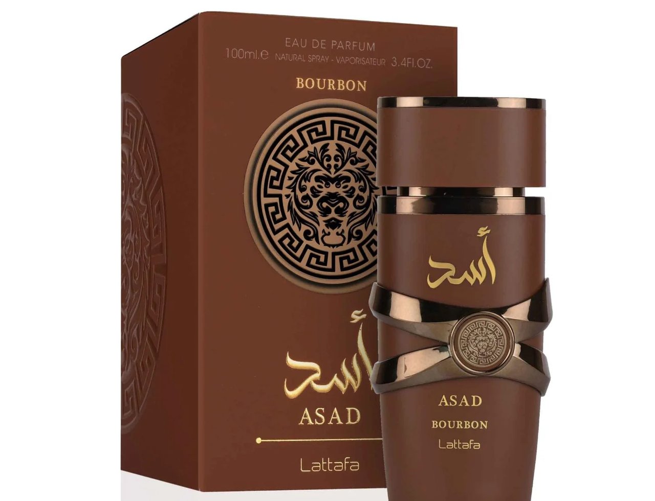 Lattafa Asad Bourbon Lattafa 100ml untuk Lelaki — Botol minyak wangi coklat dengan perincian emas dan kotak sepadan, menampilkan lambang singa.
