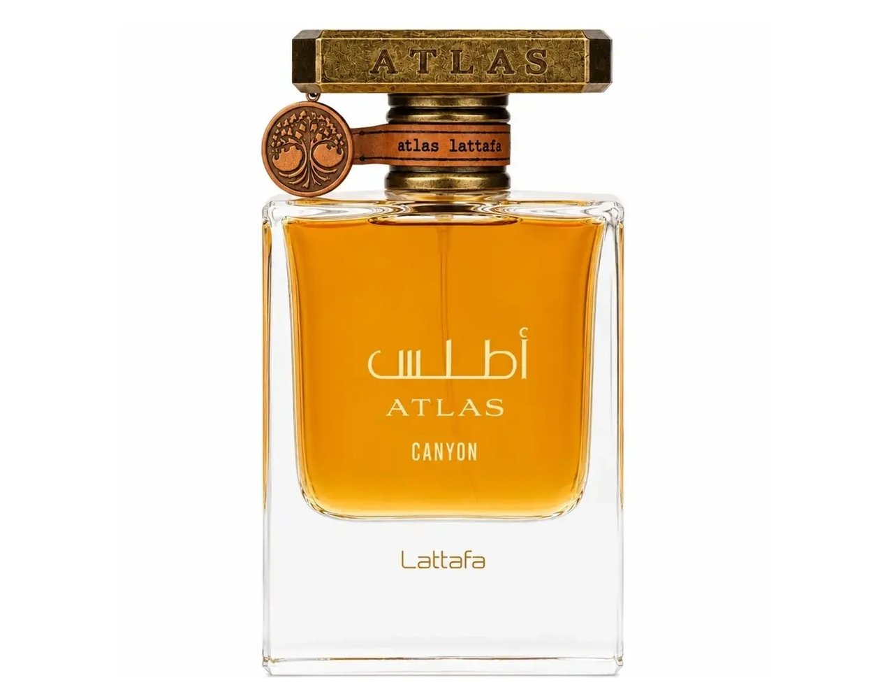 Lattafa Atlas Canyon Lattafa 55ml Unisex — Botol minyak wangi kaca jernih berisi cecair perang, penutup oktagon emas, dan tag kulit berlogo pokok.
