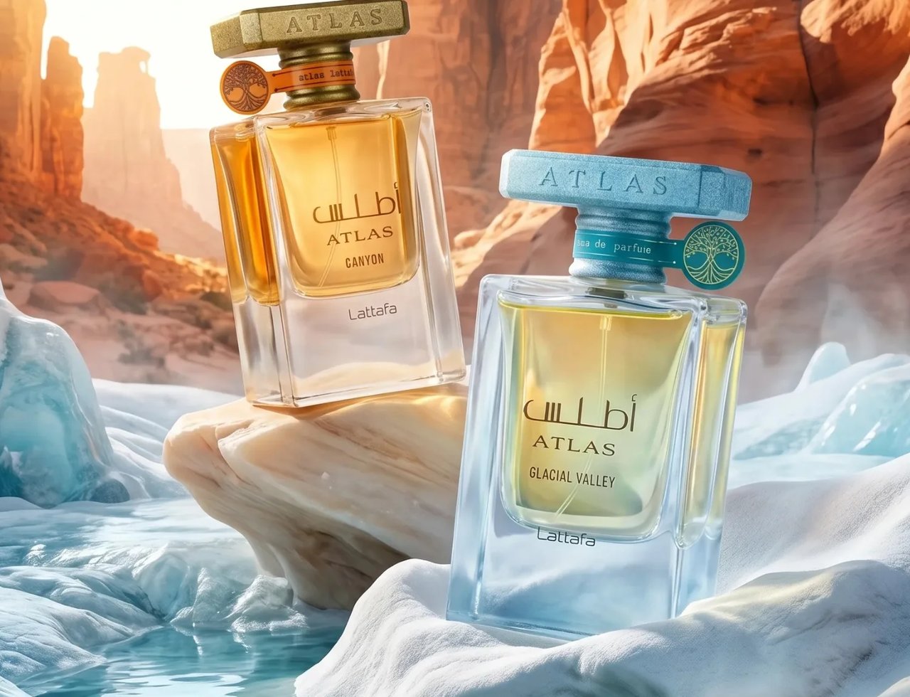 Lattafa Atlas Glacial Valley by Lattafa 55ml Unisex — Two Lattafa Atlas perfume bottles, one with a gold cap and one with a blue cap, displayed on ice formations with a desert canyon background.