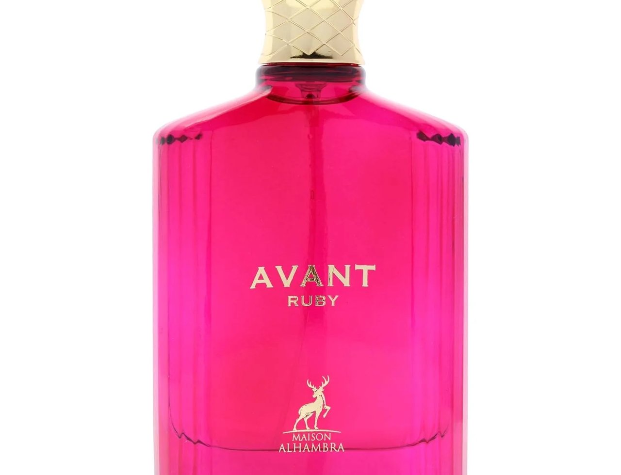 Maison Alhambra Avant Ruby Eau De Parfum 100ml — A bright pink glass perfume bottle with a gold textured cap and gold text reading 'AVANT RUBY' and a deer logo with 'MAISON ALHAMBRA' below. | Maison Alhambra Avant Ruby Eau De Parfum 100ml — Botol kaca berwarna merah jambu terang dengan penutup bertekstur emas dan teks
