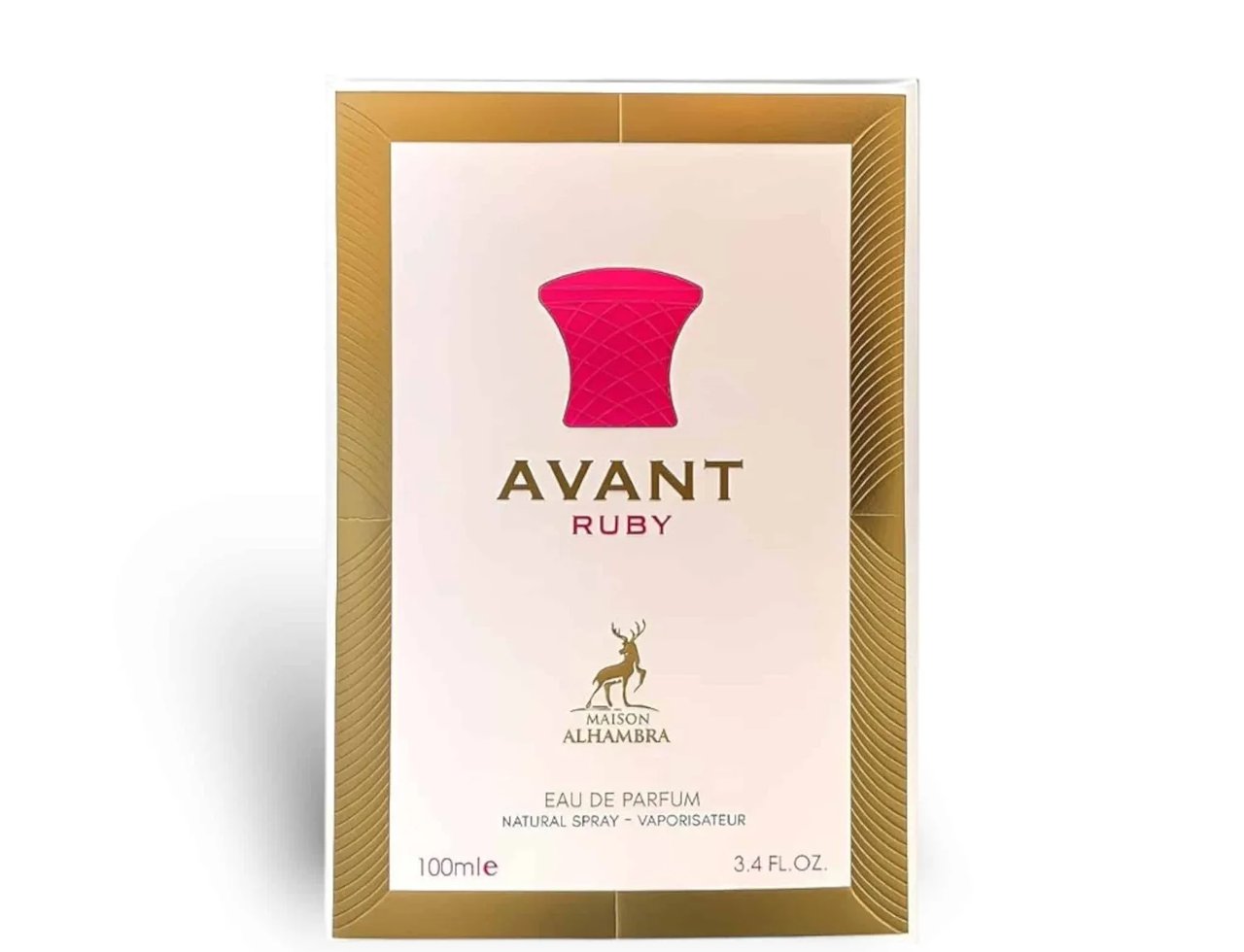 Maison Alhambra Avant Ruby Eau De Parfum 100ml — Kotak wangian berwarna krim dengan bingkai emas, menampilkan logo rusa dan tulisan Avant Ruby.