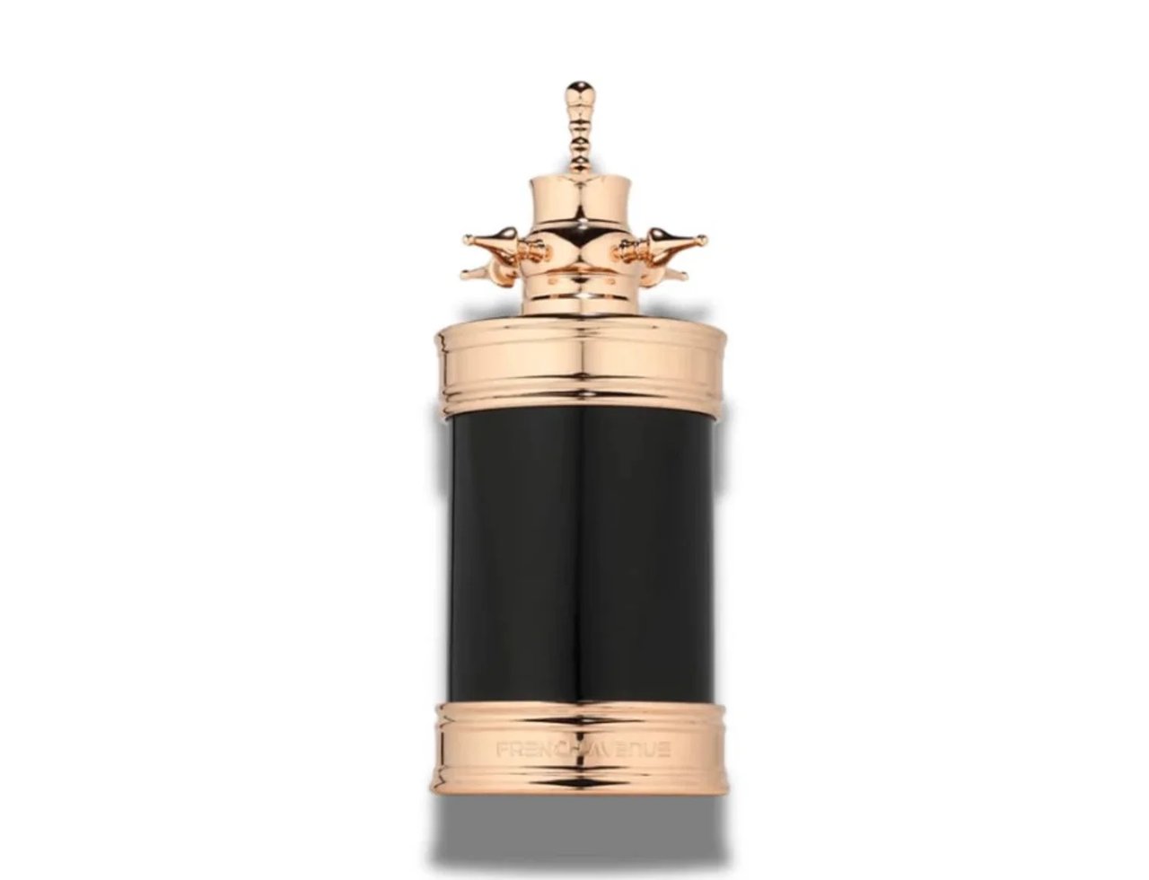 French Avenue Axis by French Avenue 100ml — Botol wangian silinder hitam dengan perincian dan penutup emas mawar yang berukir, teks 'FRENCH AVENUE' di bahagian bawah.