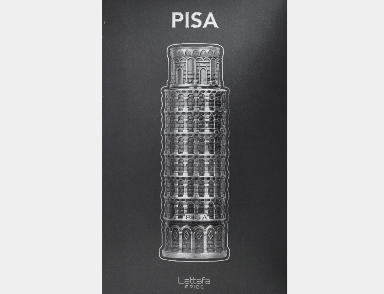 Lattafa Pride Pisa by Lattafa Pride 100ml EDP — A black box featuring a silver illustration of the Leaning Tower of Pisa, with the text 'PISA' above it and product details at the bottom.