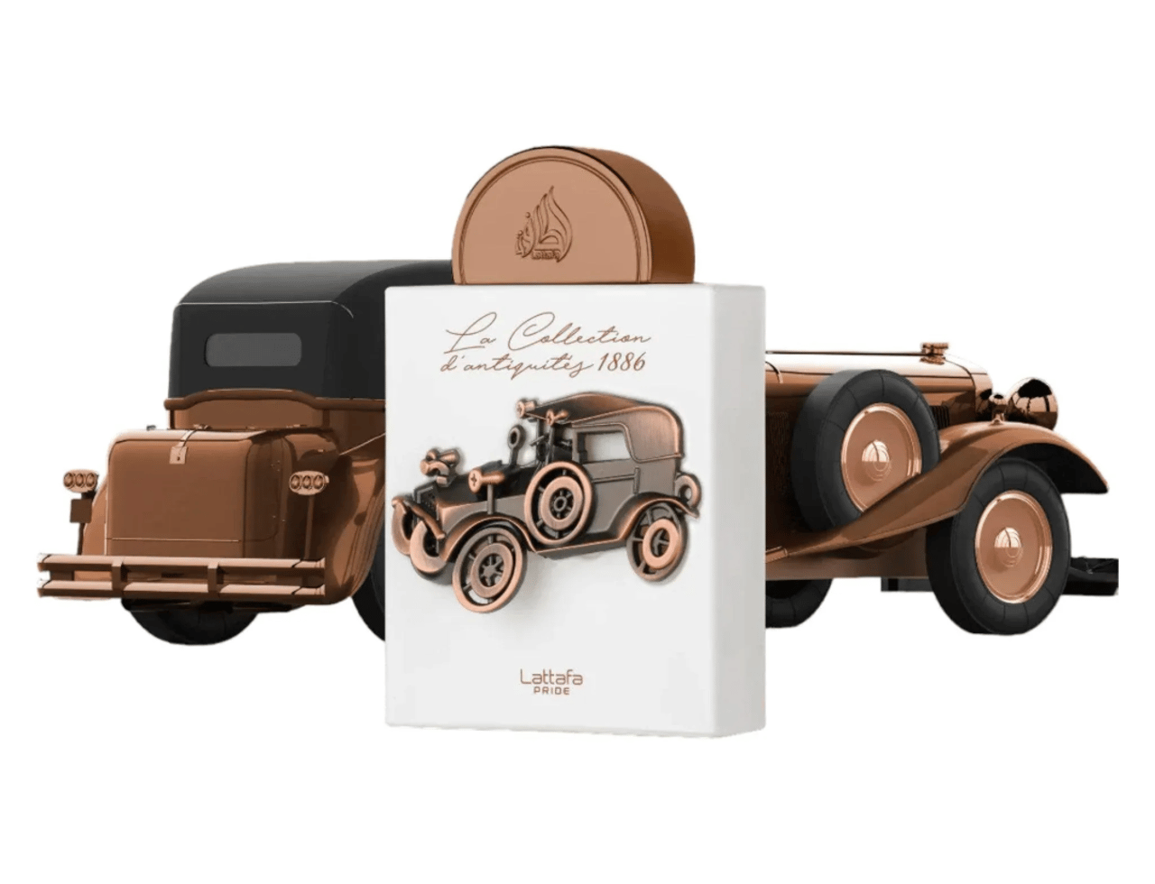 Lattafa Pride La Collection 1886 (Car) — White perfume box with a vintage car design and copper accents, topped with a copper cap, set against a backdrop of vintage car models.