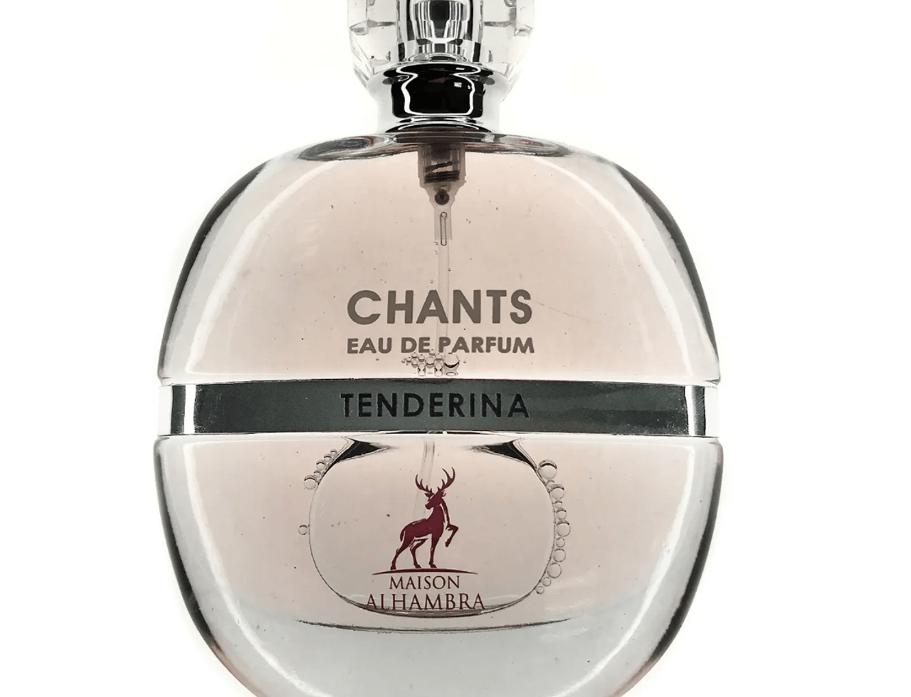 Maison Alhambra Chants Tenderina by Maison Alhambra 100ml EDP — Clear glass perfume bottle with a silver band and a deer logo, white background.