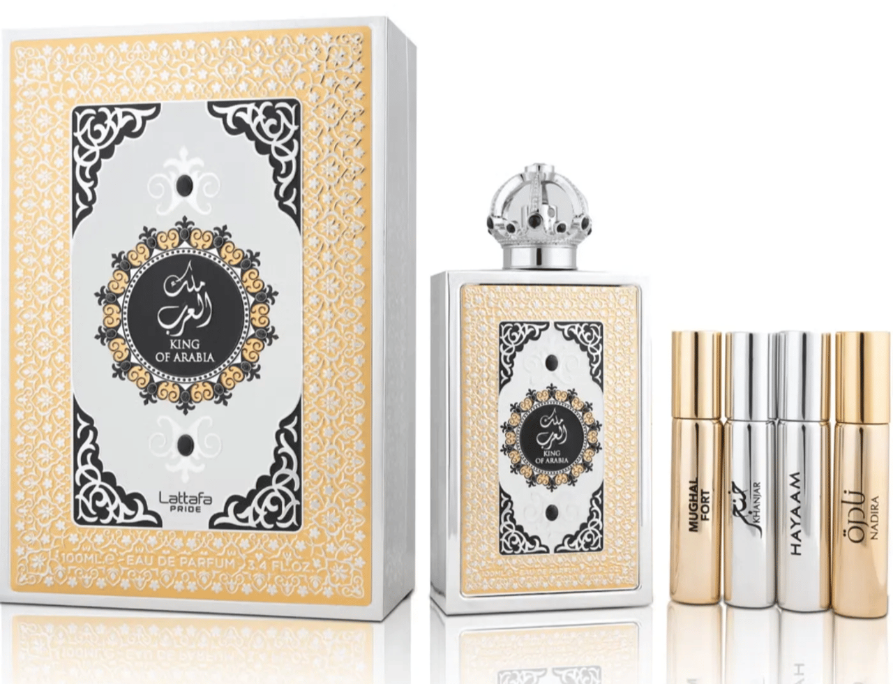 Lattafa Pride King of Arabia oleh Lattafa Pride 100ml EDP — Set kotak menampilkan kotak minyak wangi besar dan botol minyak wangi bertutup mahkota, bersama lima botol minyak wangi rollerball kecil.