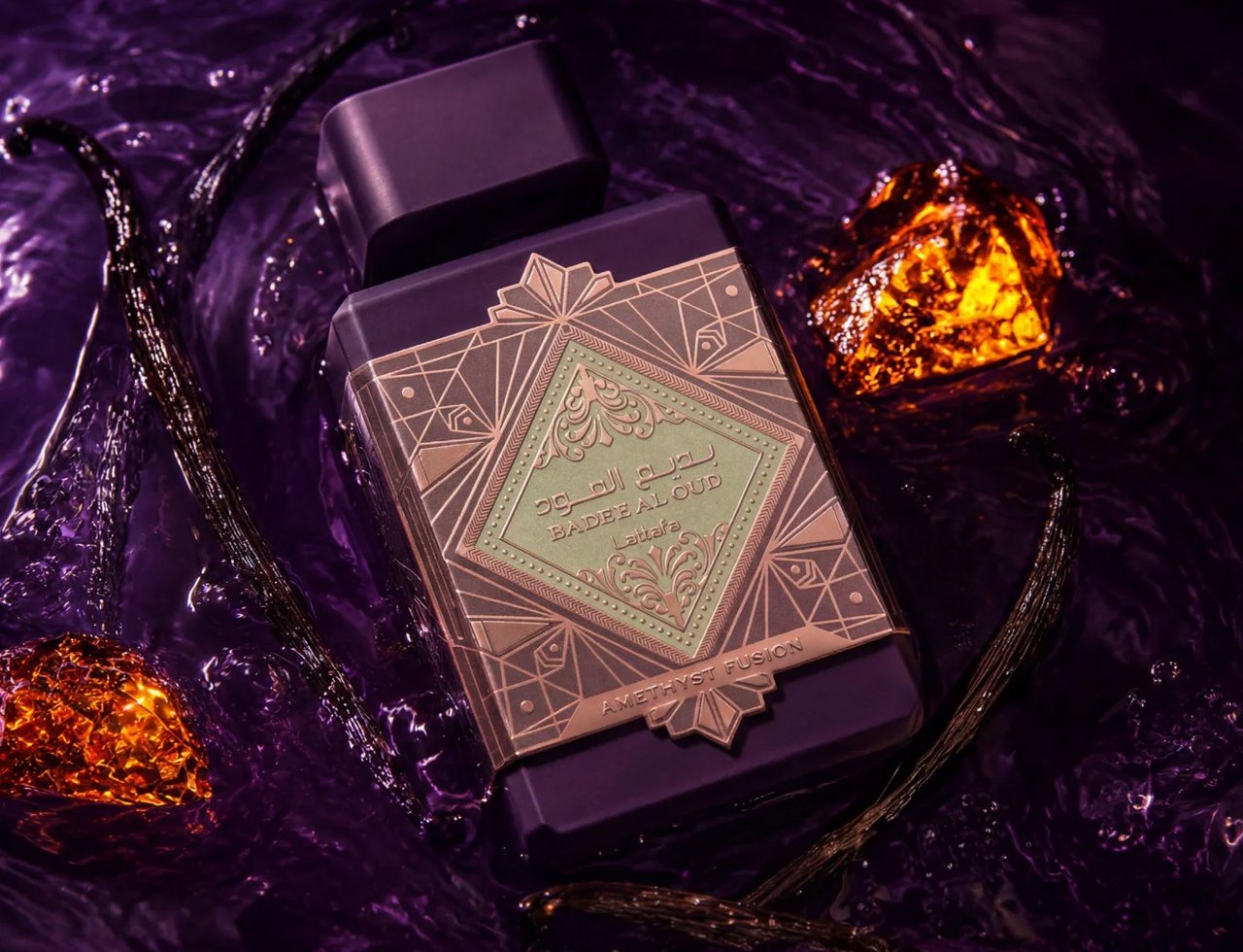 Lattafa Bade'e Al Oud Amethyst Fusion 100ml — A dark purple perfume bottle with a gold geometric label, submerged in dark purple liquid with amber-colored crystals and dark strands.