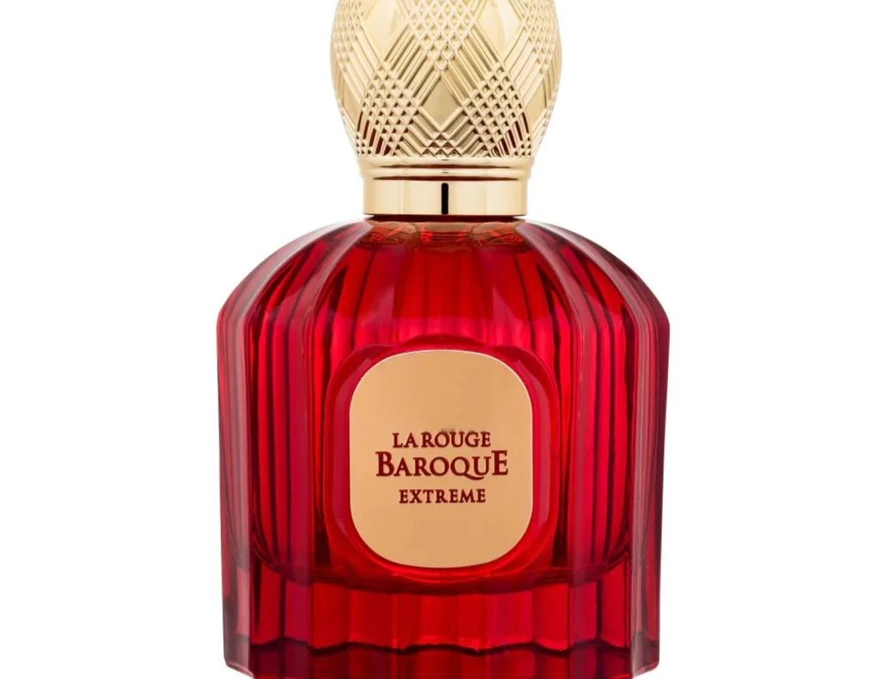 Maison Alhambra Baroque Rouge Extrait 100ml — A red fluted glass perfume bottle with a gold textured cap and a gold oval label that reads "LA ROUGE BAROQUE EXTREME". | Maison Alhambra Baroque Rouge Extrait 100ml — Botol kaca merah berlekuk dengan penutup bertekstur emas dan label bujur emas bertuliskan "LA ROUGE