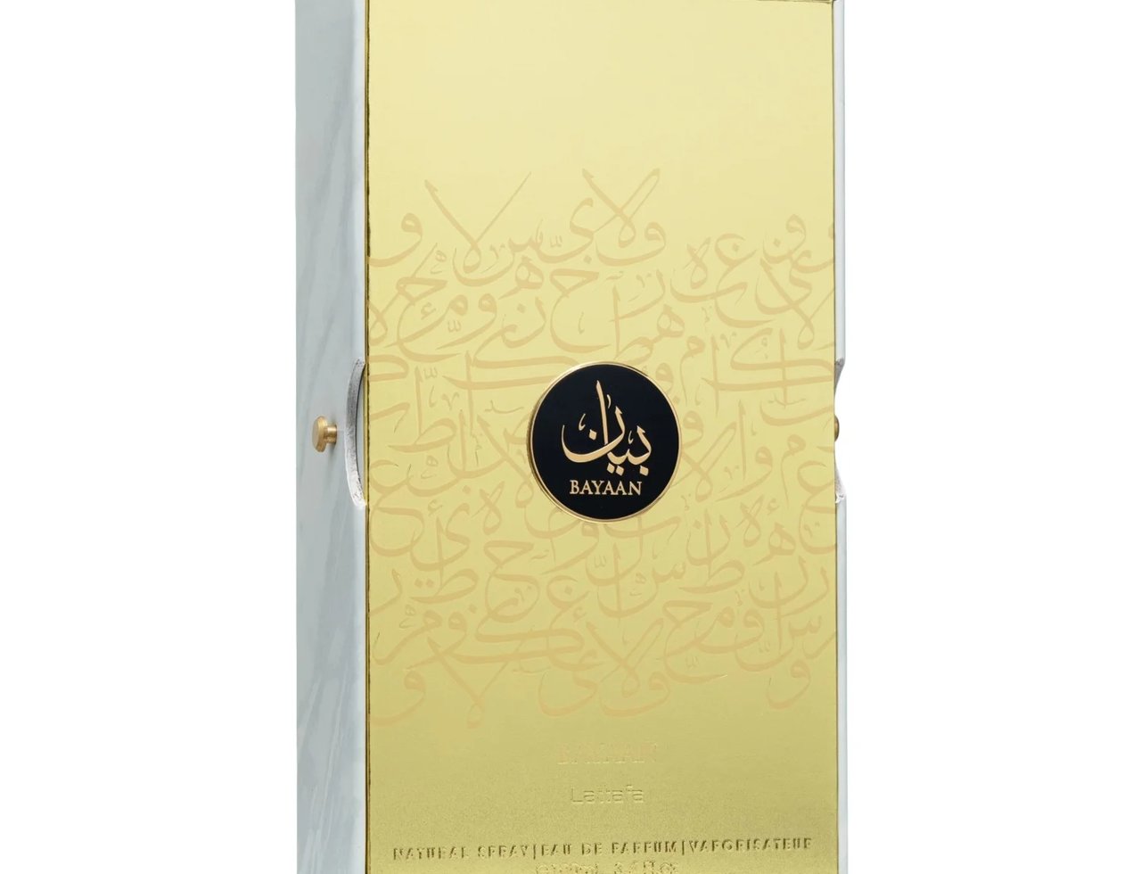 Lattafa Bayaan Eau De Parfum 100ml by Lattafa — A rectangular gold box with Arabic calligraphy design and a black circular logo with the brand name 'BAYAAAN' in gold. The sides of the box are white with a marble texture. | Lattafa Bayaan Eau De Parfum 100ml by Lattafa — Kotak emas berbentuk segi empat tepat dengan