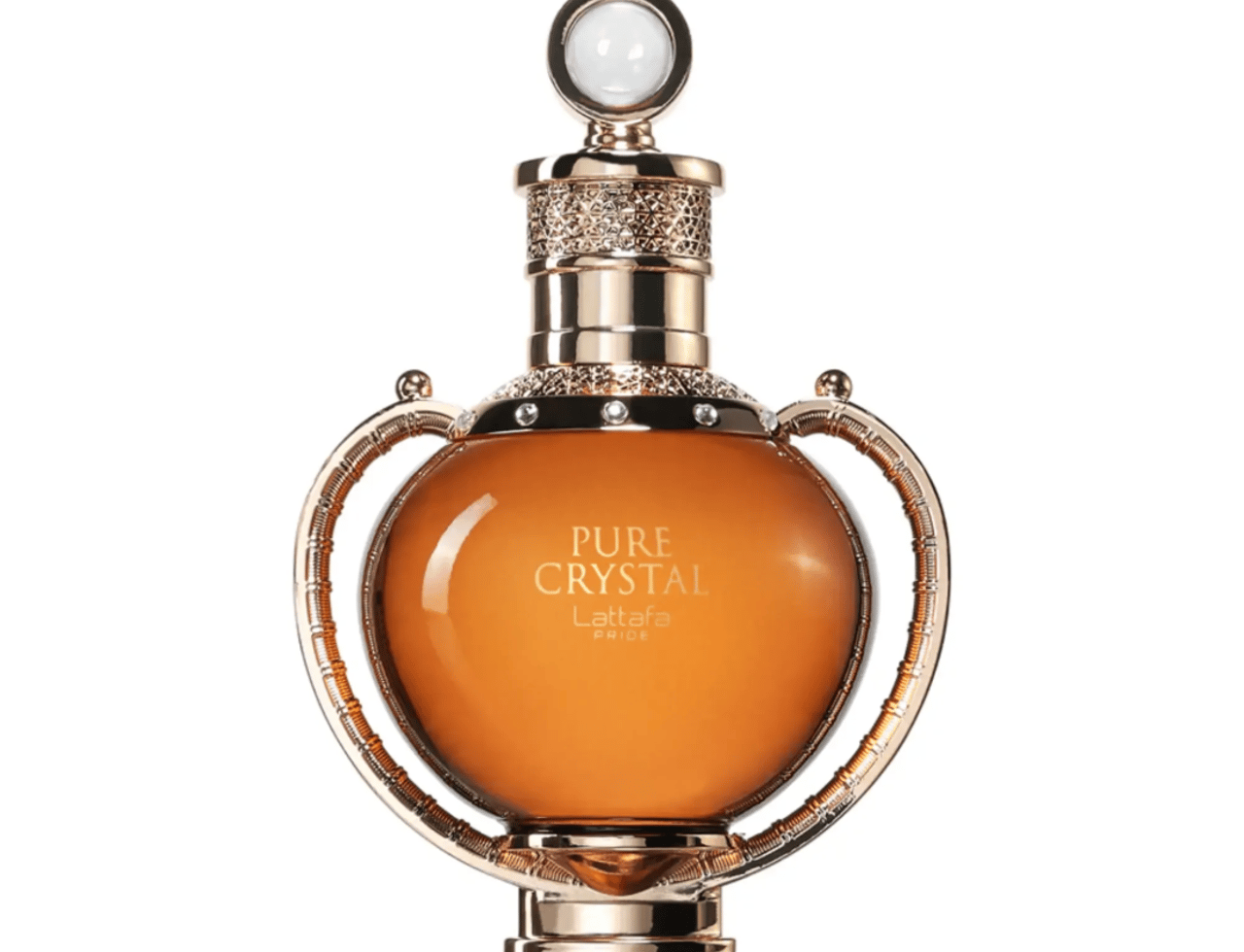 Lattafa Pride Pure Crystal by Lattafa Pride 100ml EDP — Ornate gold perfume bottle with a round amber glass body, featuring a decorative gold cage-like handle and a jeweled cap.