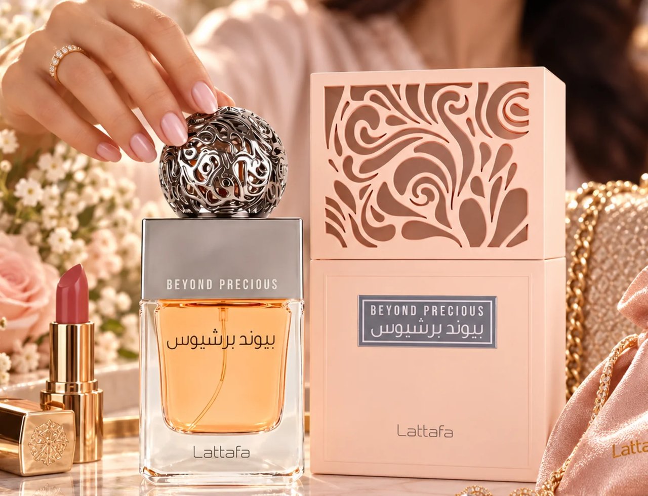 Lattafa Beyond Precious by Lattafa 100ml EDP Women — A woman's hand with a diamond ring places the ornate silver cap on a clear glass perfume bottle filled with amber liquid. A pink lipstick and a decorative box are also visible.