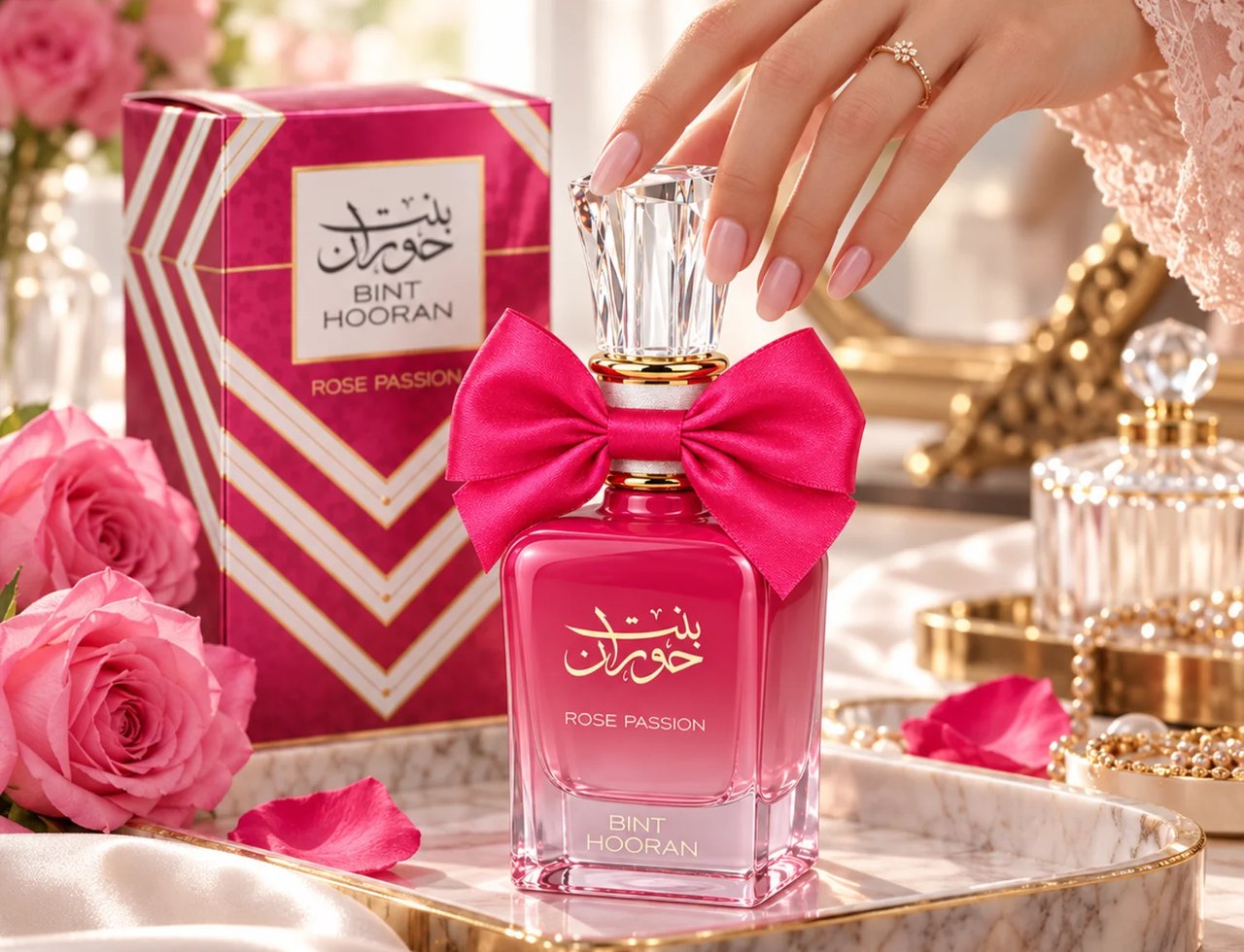 Ard Al Zaafaran Bint Hooran Rose Passion — Botol minyak wangi merah jambu dengan reben satin besar, penutup kristal, dan perincian emas, bersebelahan kotak sepadan dan mawar merah jambu di atas dulang marmar.