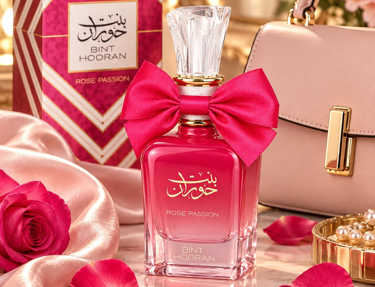 Ard Al Zaafaran Bint Hooran Rose Passion — Pink perfume bottle with a large satin bow, a matching gift box, a pink rose, and rose petals on a marble surface.