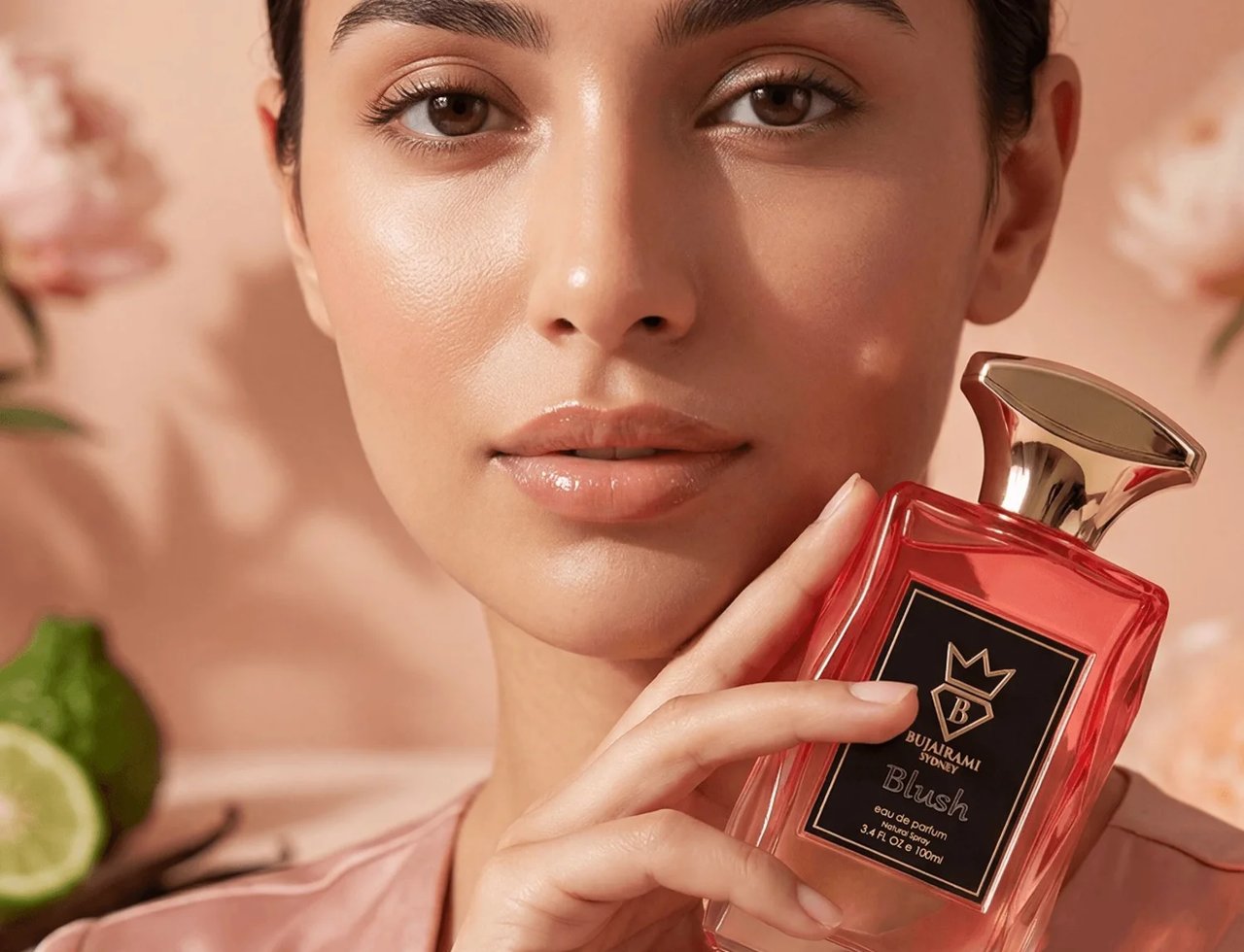 Bujairami Blush by Bujairami Eau de Parfum 100ml — Wanita pegang botol minyak wangi kaca merah jambu bertutup emas, dengan bunga dan limau kabur di latar belakang.