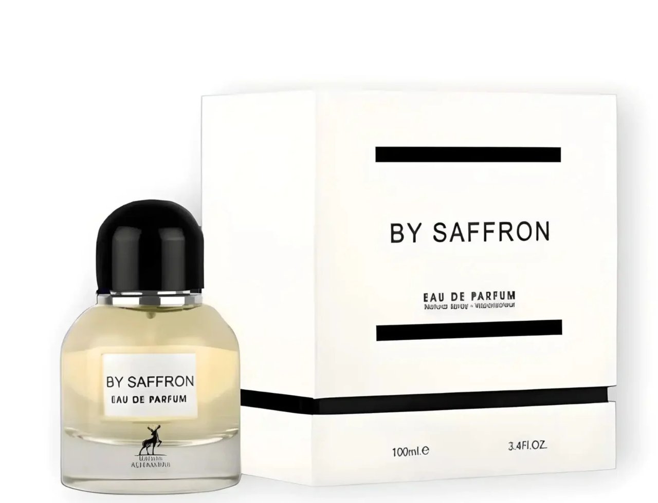Maison Alhambra By Saffron by Maison Alhambra 100ml EDP Unisex — Botol minyak wangi kaca jernih bertutup hitam dan perincian emas, bersebelahan kotak produk putih berjalur hitam dan tulisan.