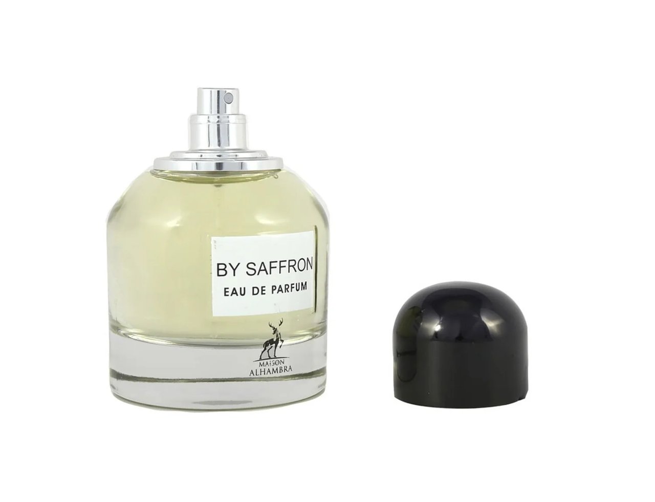 Maison Alhambra By Saffron Eau de Parfum — Clear glass perfume bottle with a white label showing 'BY SAFFRON EAU DE PARFUM' and a deer logo, next to a detached glossy black cap, on a white background.