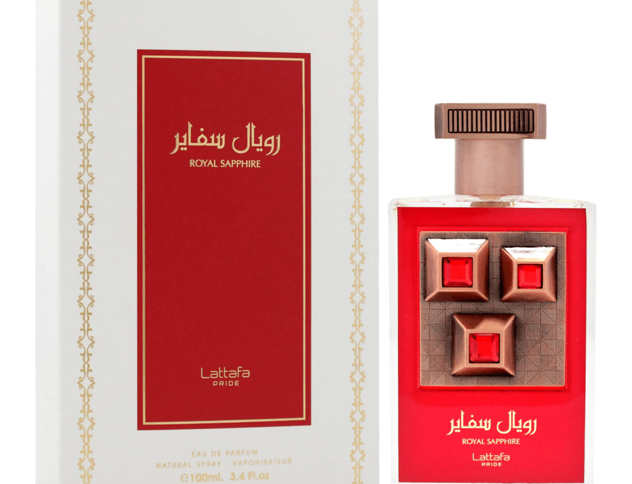 Lattafa Pride Sapphire Royal — Kotak putih bertepi emas dan panel merah dengan teks Arab dan Inggeris, bersebelahan botol minyak wangi kaca jernih berdepan merah, aksen tembaga, dan tiga permata merah berbentuk segi empat.
