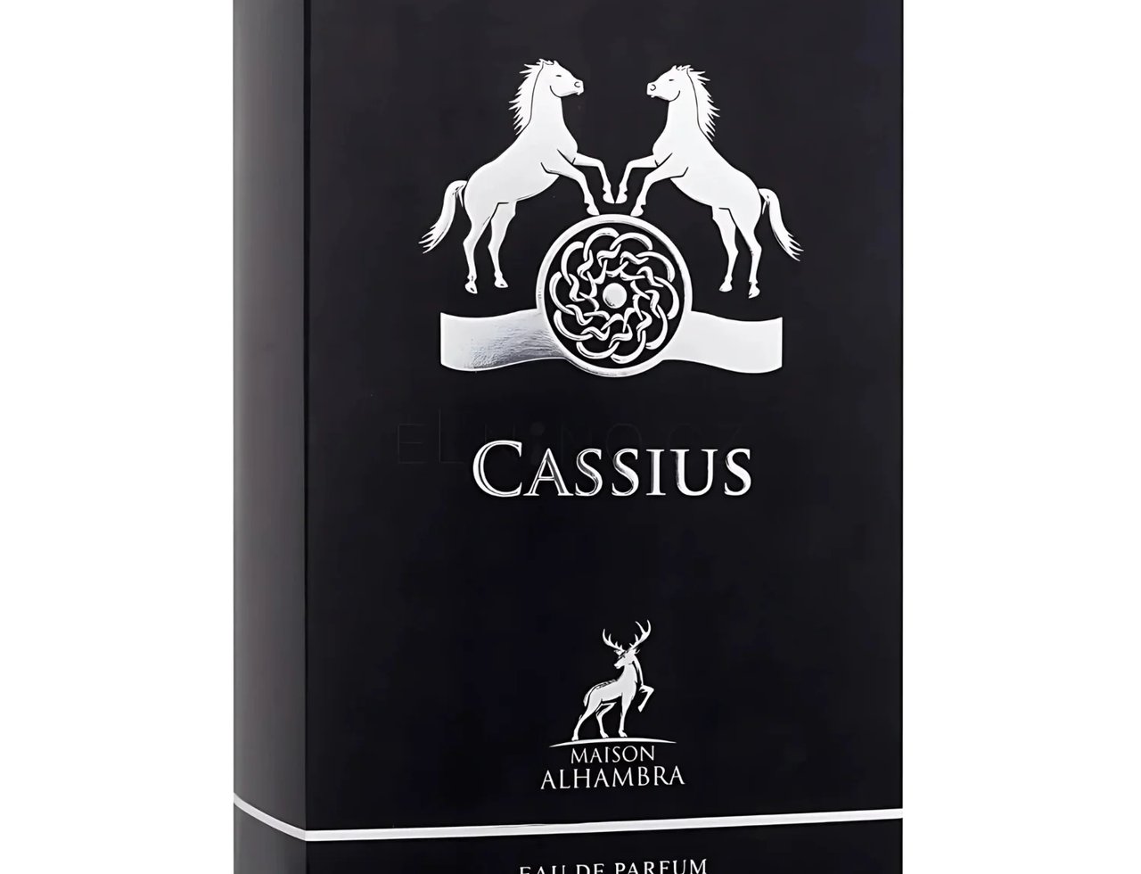 Maison Alhambra Cassius 100ml — Kotak wangian hitam dengan rekaan kuda perak berkilat, roda hiasan, rusa dan tulisan emas.