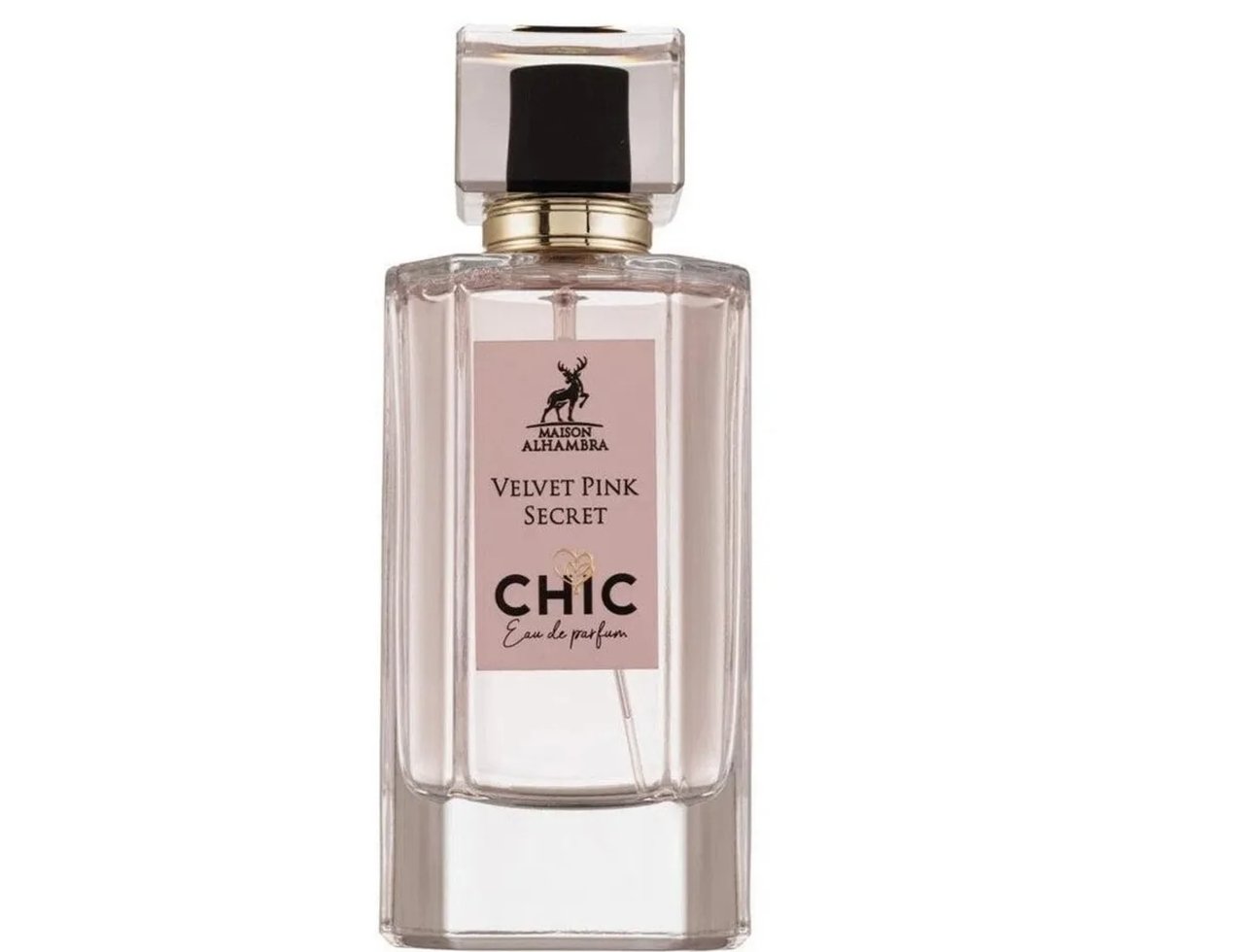 Maison Alhambra Chic Velvet Pink Secret for Women 100ml — Botol kaca jernih berisi cecair merah jambu lembut, berlabel merah jambu dengan logo rusa dan tulisan emas, penutup segi empat kelabu dan emas.