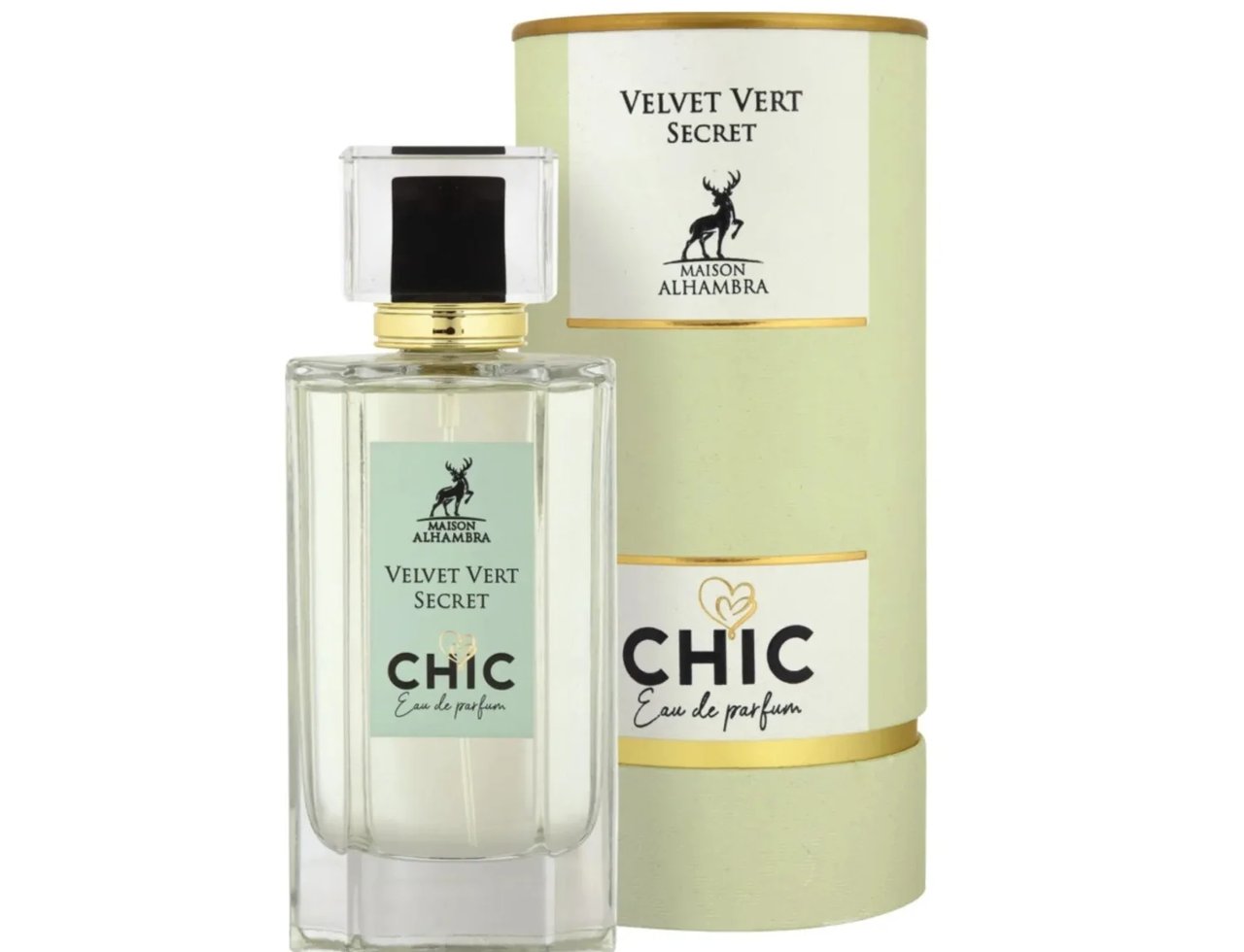Maison Alhambra Chic Velvet Vert Secret 100ml — Botol kaca jernih berisi cecair kehijauan, berpenutup emas dan hitam, bersama kotak silinder hijau muda berhias emas