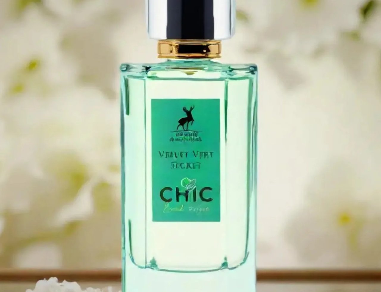 Maison Alhambra Chic Velvet Vert Secret 100ml — A clear glass perfume bottle with green liquid and a green label featuring a deer logo and text, set against a soft, blurred background of white flowers. | Maison Alhambra Chic Velvet Vert Secret 100ml — Botol kaca jernih berisi cecair hijau dan label hijau menampilkan