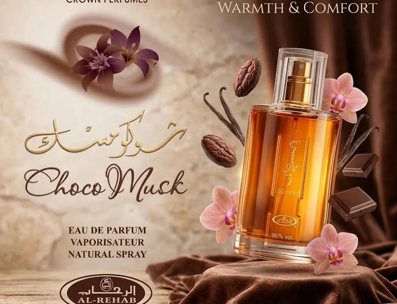 Al Rehab Choco Musk — Botol minyak wangi coklat keemasan dengan bunga orkid merah jambu, kacang koko, dan batang vanila di atas kain baldu coklat