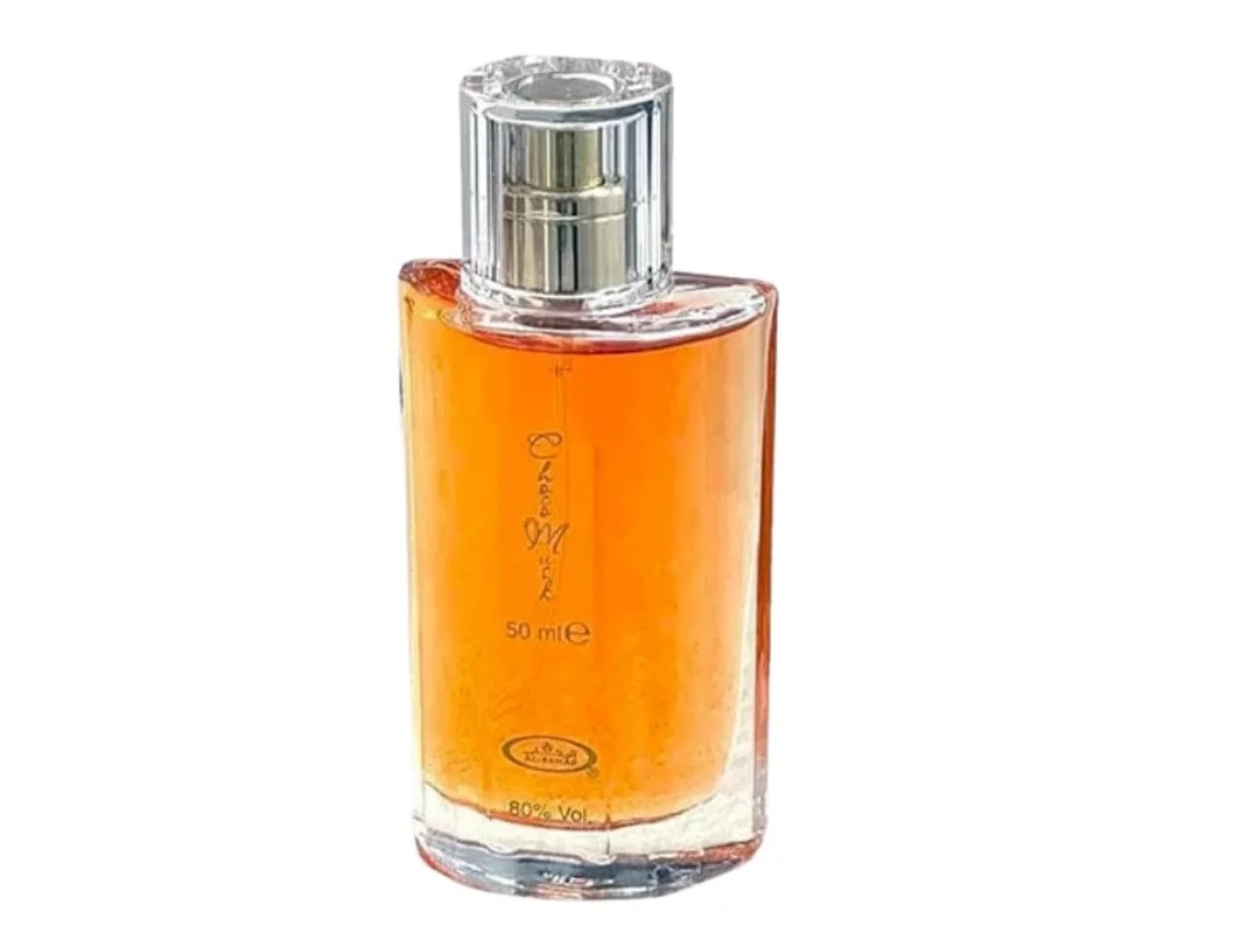 Al Rehab Choco Musk by Al Rehab 50ml EDP Unisex — Amber liquid in a clear glass bottle with a ribbed silver and clear cap, text on bottle reads 'Choco Musk', '50 ml e', '80% Vol.' and a logo. | Al Rehab Choco Musk by Al Rehab 50ml EDP Unisex — Cecair berwarna ambar dalam botol kaca jernih dengan penutup berjalur perak