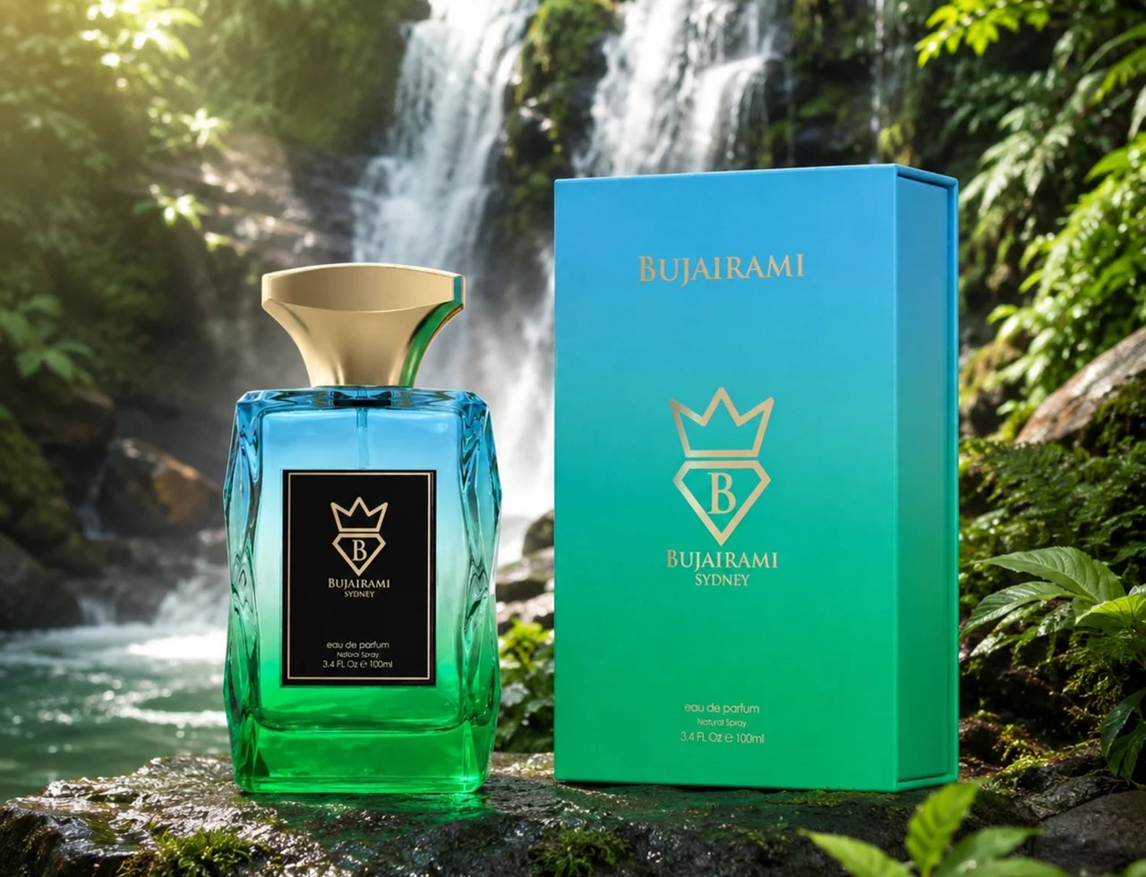 Bujairami Chroma by Bujairami 100ml Eau de Parfum — Botol minyak wangi kaca berfaset dengan gradien biru dan hijau, penutup emas, dan label hitam, diletakkan di atas batu berlumut di hadapan air terjun yang subur.
