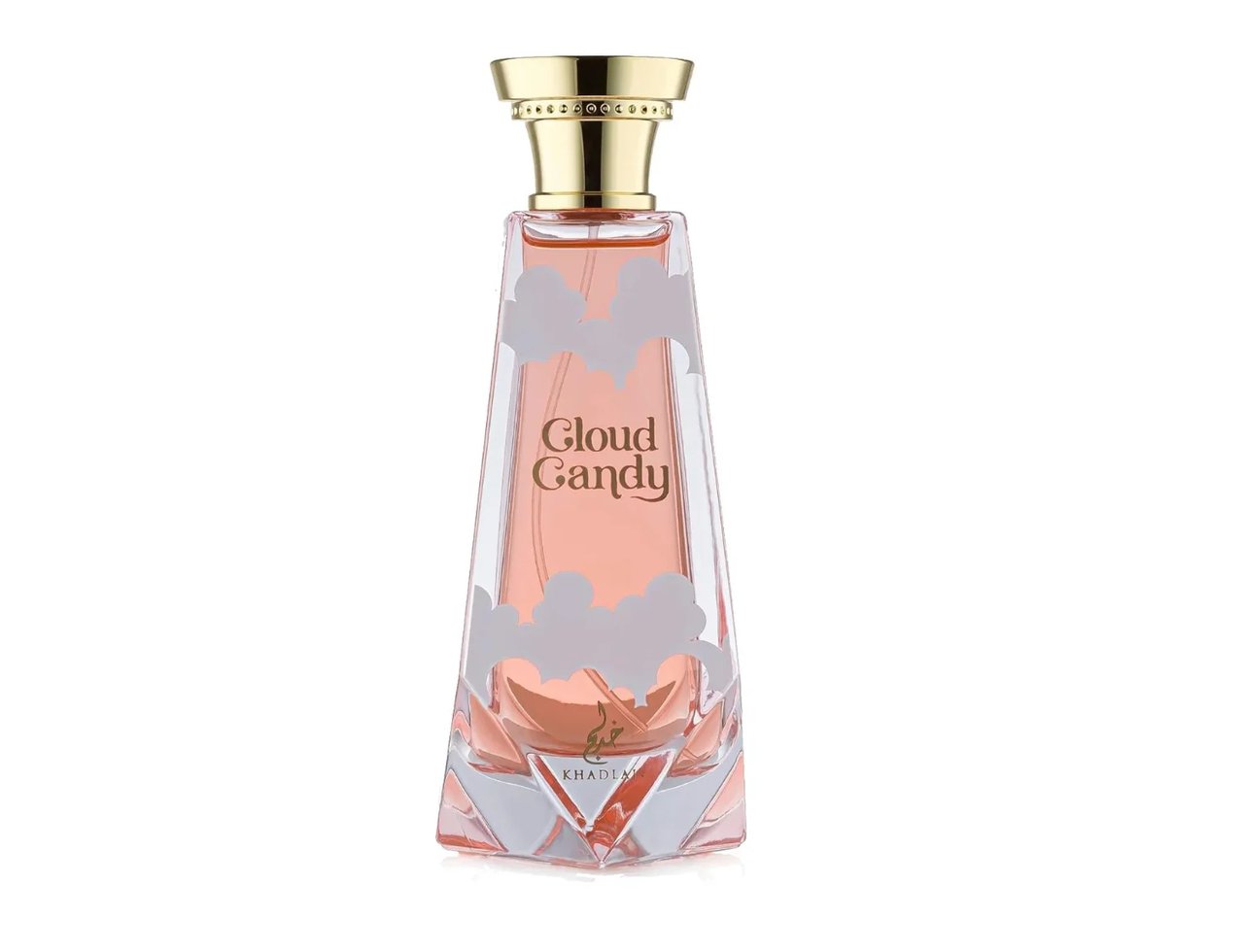 Khadlaj Cloud Candy Eau De Parfum 100ml by Khadlaj — A tall, faceted glass perfume bottle with a pink liquid and white cloud-like designs, topped with a gold cap. | Khadlaj Cloud Candy Eau De Parfum 100ml by Khadlaj — Botol kaca berfaset tinggi dengan cecair merah jambu dan reka bentuk seperti awan putih, di atasnya