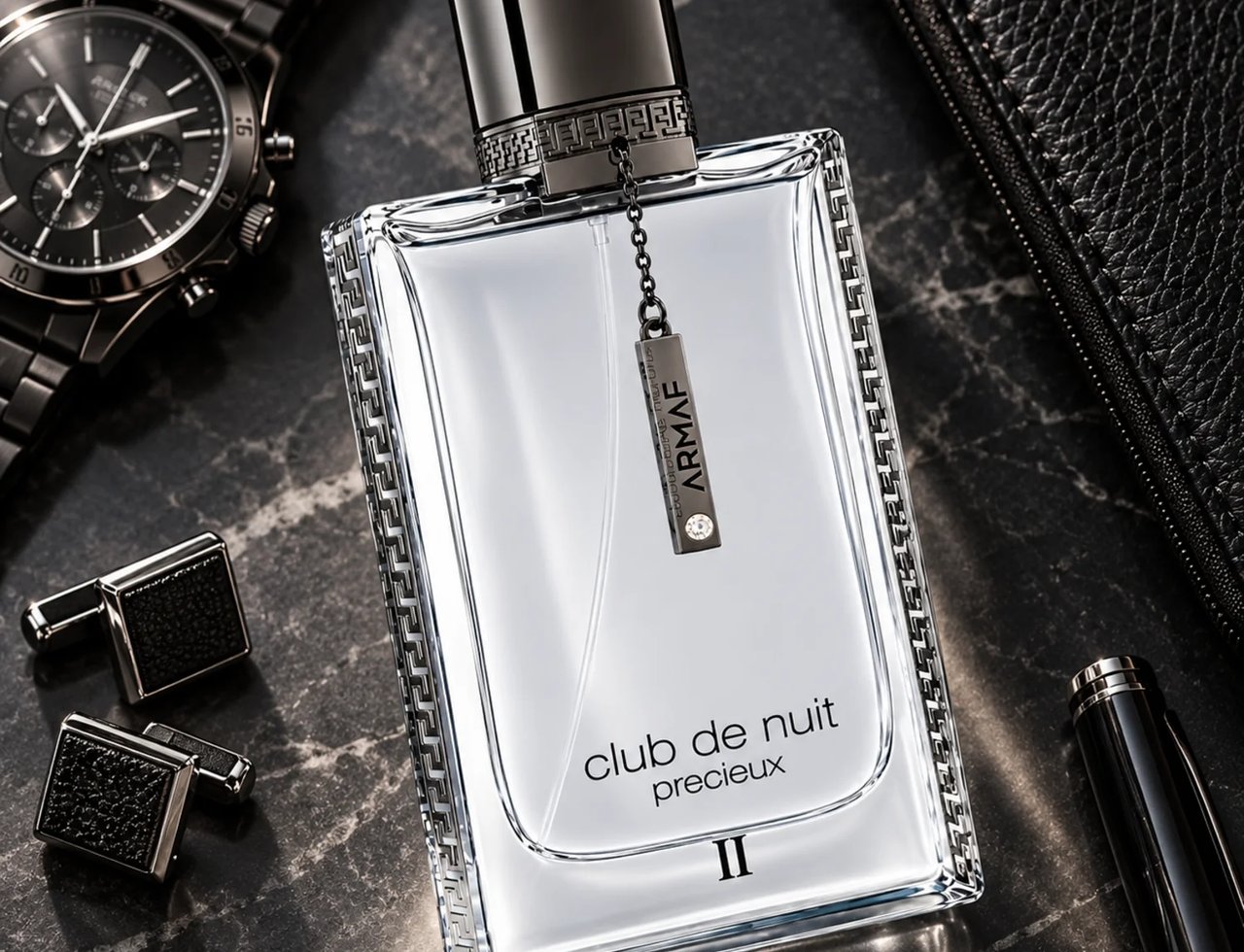 Armaf Club de Nuit Precieux II — Botol minyak wangi kaca jernih segi empat, trim corak logam, tag perak, atas permukaan marmar gelap bersama jam tangan, butang baju Melayu, dan pen.