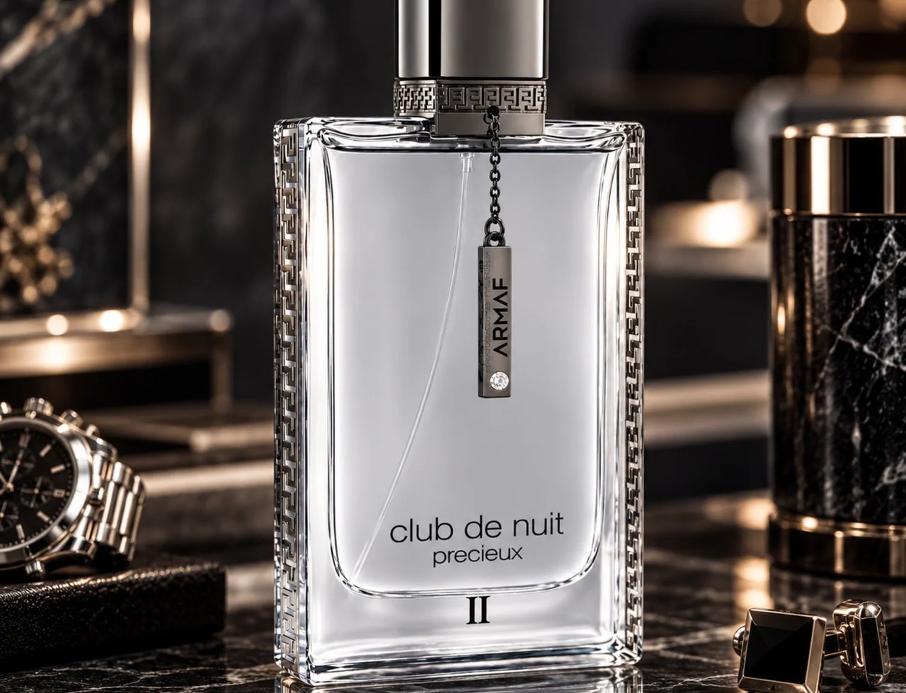 Armaf Club de Nuit Precieux II — A clear glass perfume bottle with a metallic cap and a hanging tag with 'ARMAF' and a diamond accent, set on a marble surface with a watch and cufflinks.
