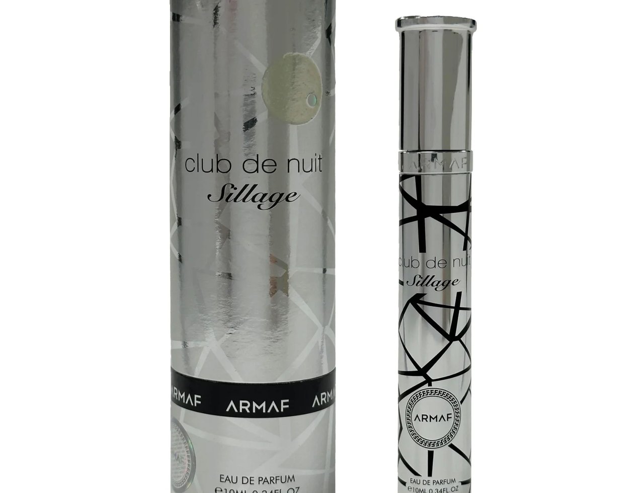 Armaf Club De Nuit Sillage by Armaf 10ml EDP Pen Spray Unisex — A silver cylindrical box and a matching silver pen spray bottle with black abstract line designs and text are displayed against a white background. | Kotak silinder perak dan botol semburan pen perak yang sepadan dengan reka bentuk garisan abstrak hitam
