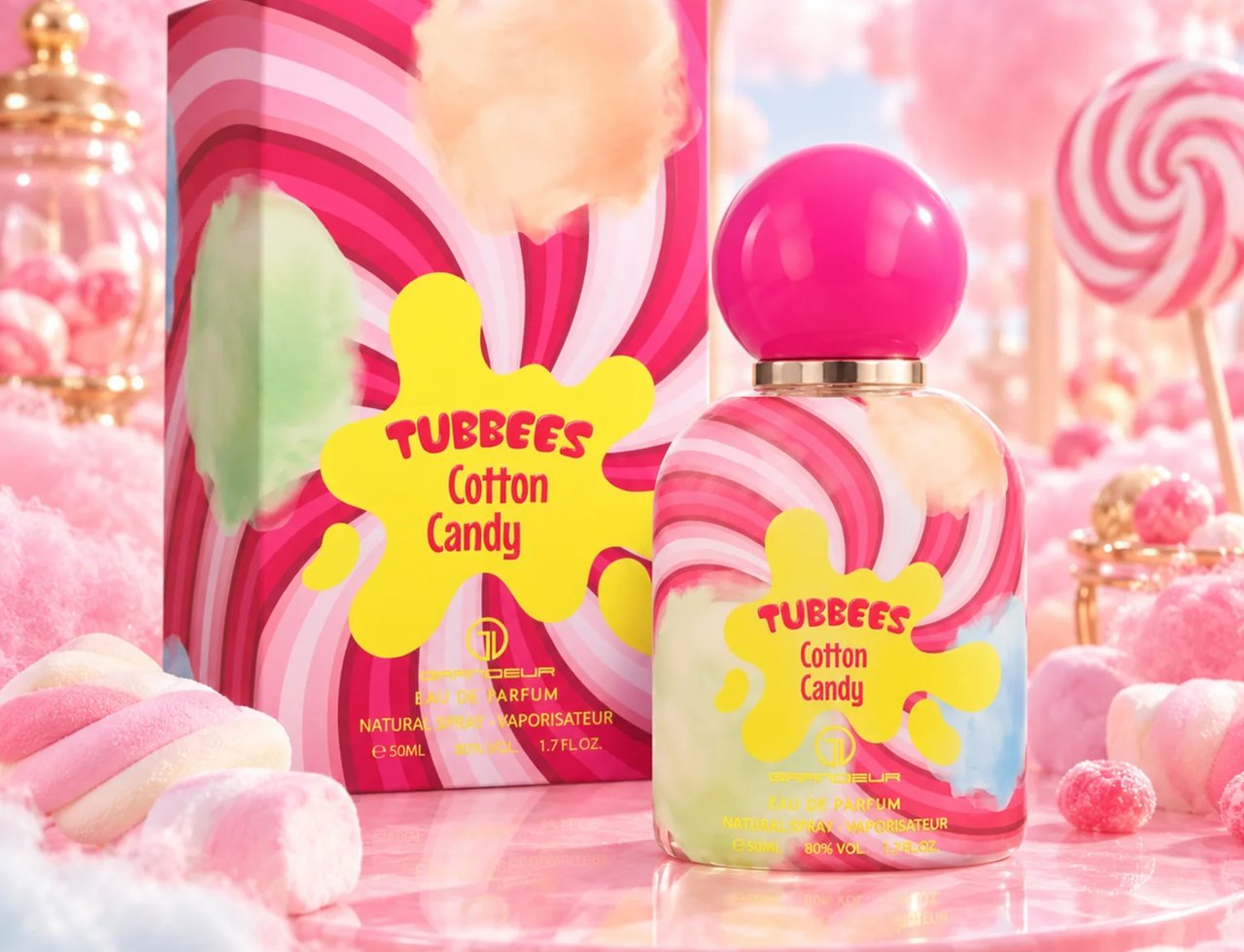 Grandeur Cotton Candy by Tubbees 50ml EDP Unisex — A perfume bottle and its box, both decorated with pink and white swirls and cotton candy clouds, sit on a pink surface surrounded by fluffy cotton candy and marshmallows.