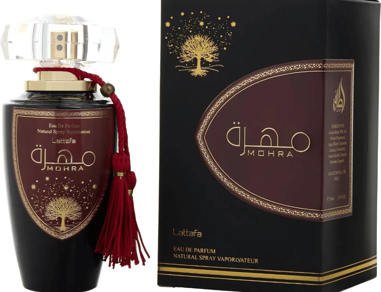 Lattafa Mohra by Lattafa 100ml EDP — Black perfume bottle with a maroon label featuring a gold tree and Arabic script, paired with its black and maroon presentation box.