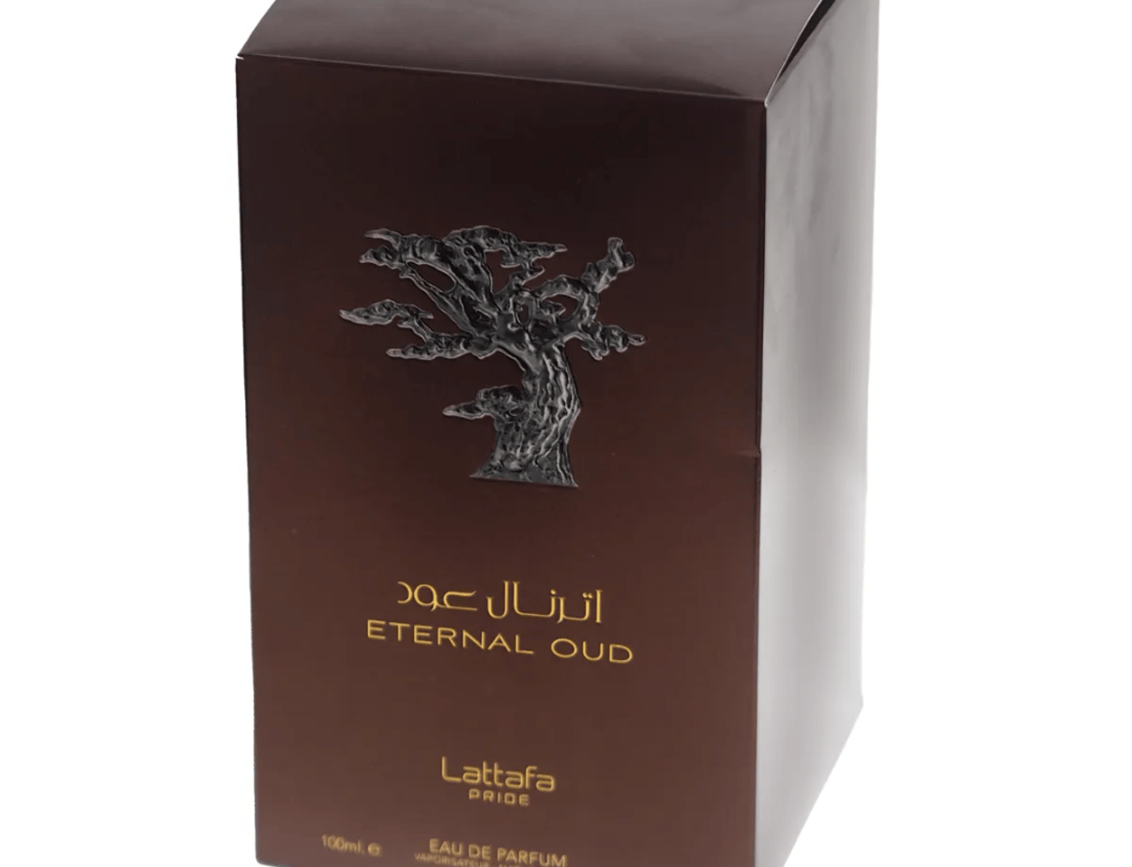 Lattafa Pride Eternal Oud — Kotak coklat dengan rekaan pokok timbul dan tulisan Arab emas.