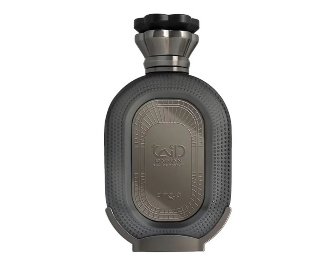 Zimaya Daiman Eclipse Eau De Parfum 100ml by Zimaya — A dark grey oval perfume bottle with a textured surface and a metallic grey cap, featuring a central metallic plaque with intricate line art and Arabic-style lettering. | Zimaya Daiman Eclipse Eau De Parfum 100ml by Zimaya — Botol minyak wangi bujur kelabu gelap