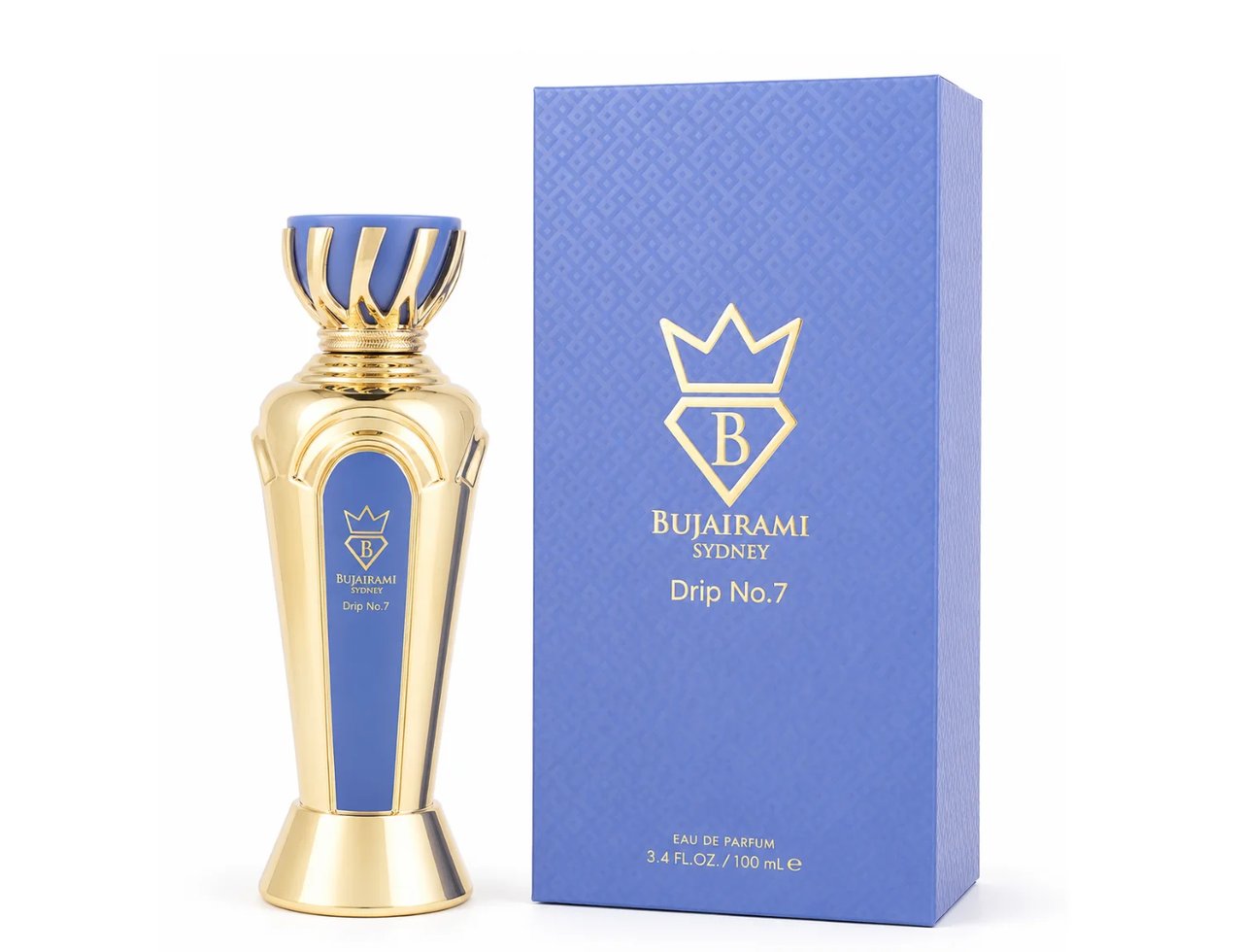 Bujairami Drip No. 7 100ml EDP — Botol minyak wangi emas dan biru dengan penutup emas berukir, berdiri sebelah kotak biru bertekstur dengan logo emas.