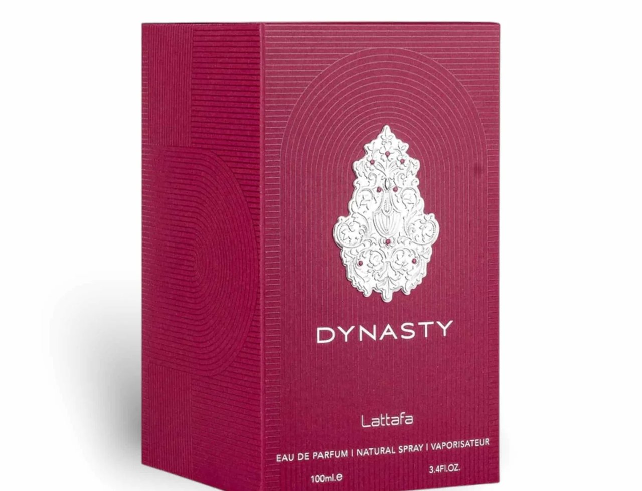 Lattafa Dynasty by Lattafa 100ml EDP Unisex — A maroon box with embossed geometric patterns and a silver ornate crest design, featuring 'DYNASTY' and 'Lattafa' text.