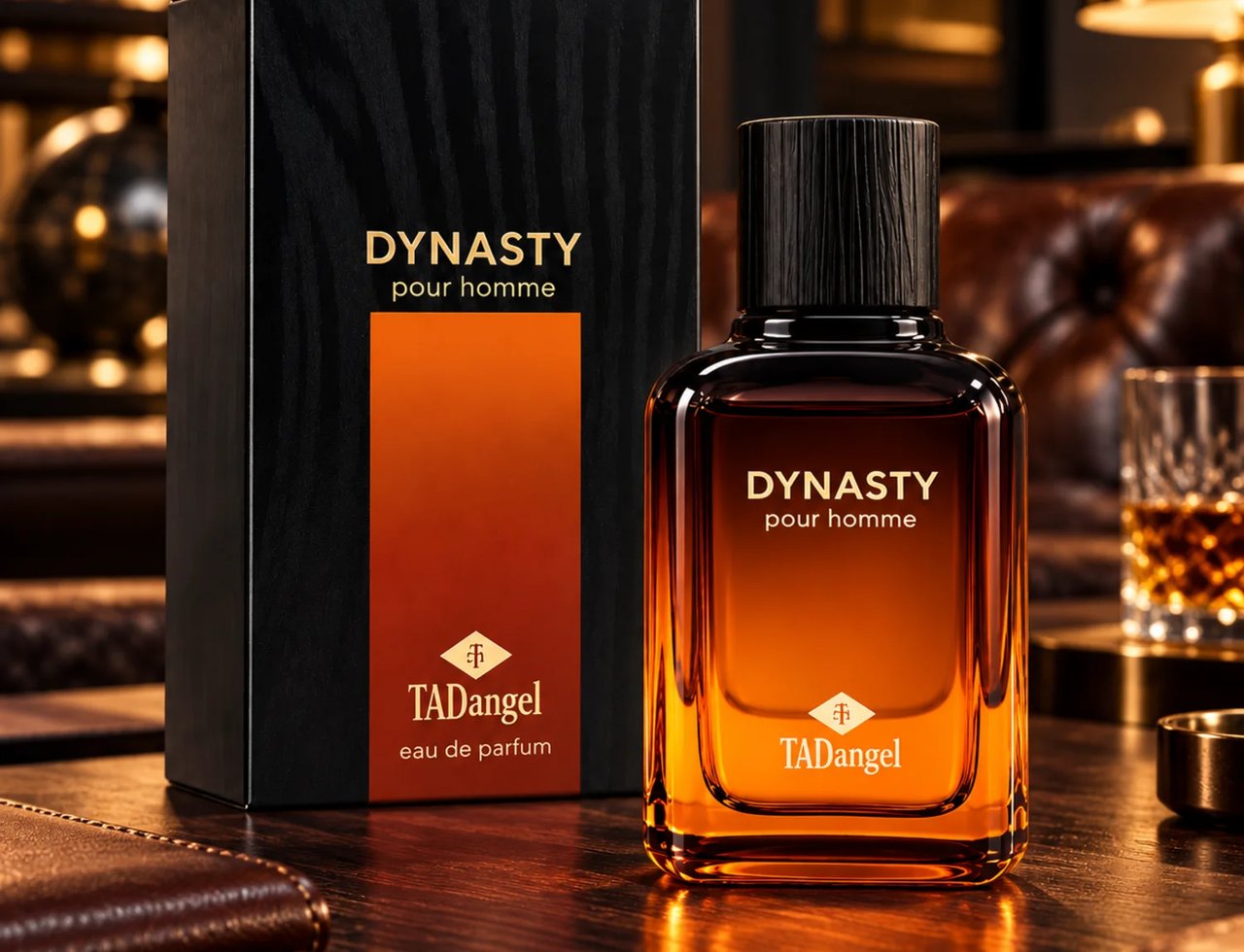 TADangel Dynasty oleh TADangel 100ml EDP Lelaki — Kotak hitam bertekstur dan botol minyak wangi kaca perang dengan penutup hitam, diletakkan di atas meja kayu bersama dompet kulit dan pen.